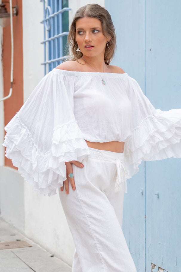 Bohemian top in white van ibzmode, Brands of Ibiza