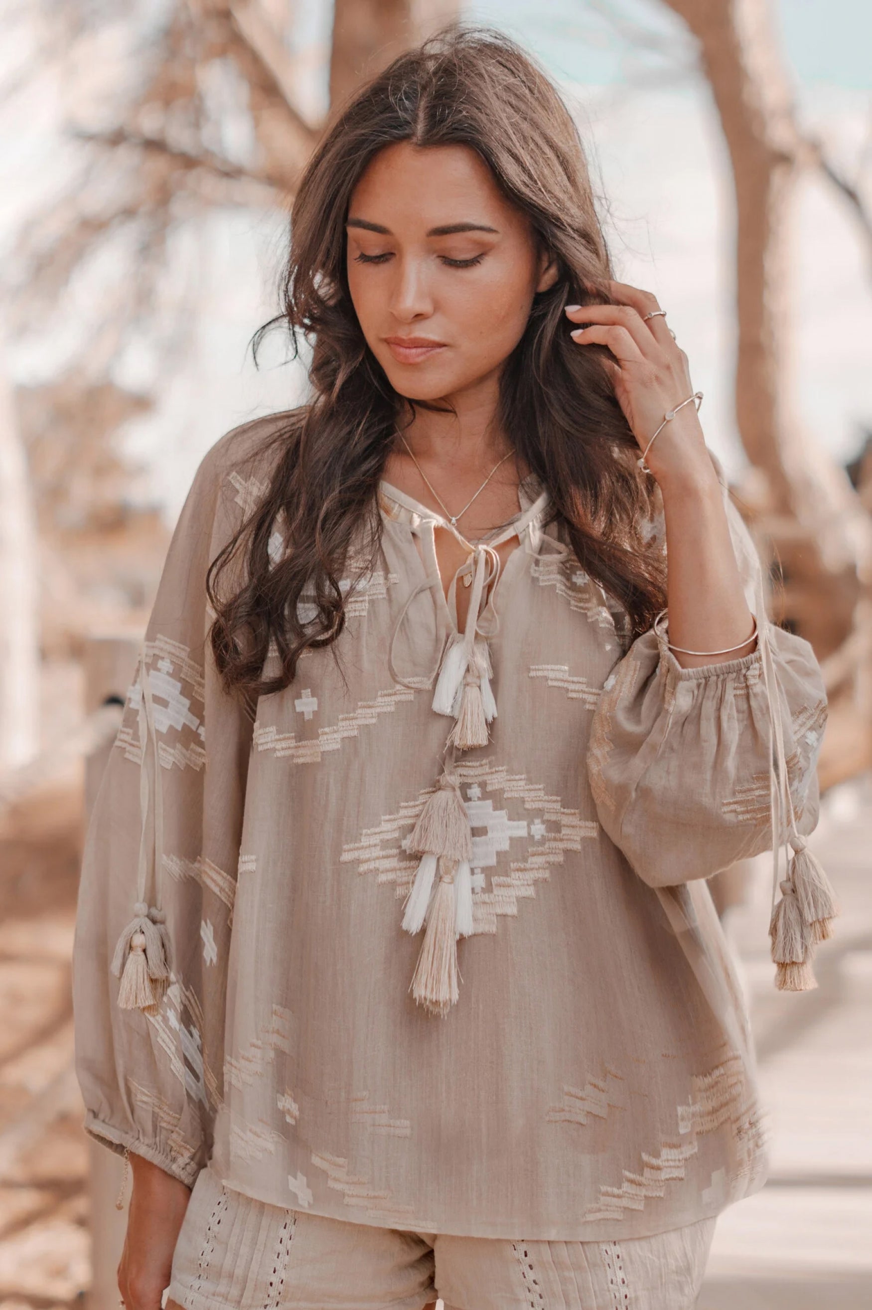 Bohemian blouse in taupe peach van ibzmode, Brands of Ibiza