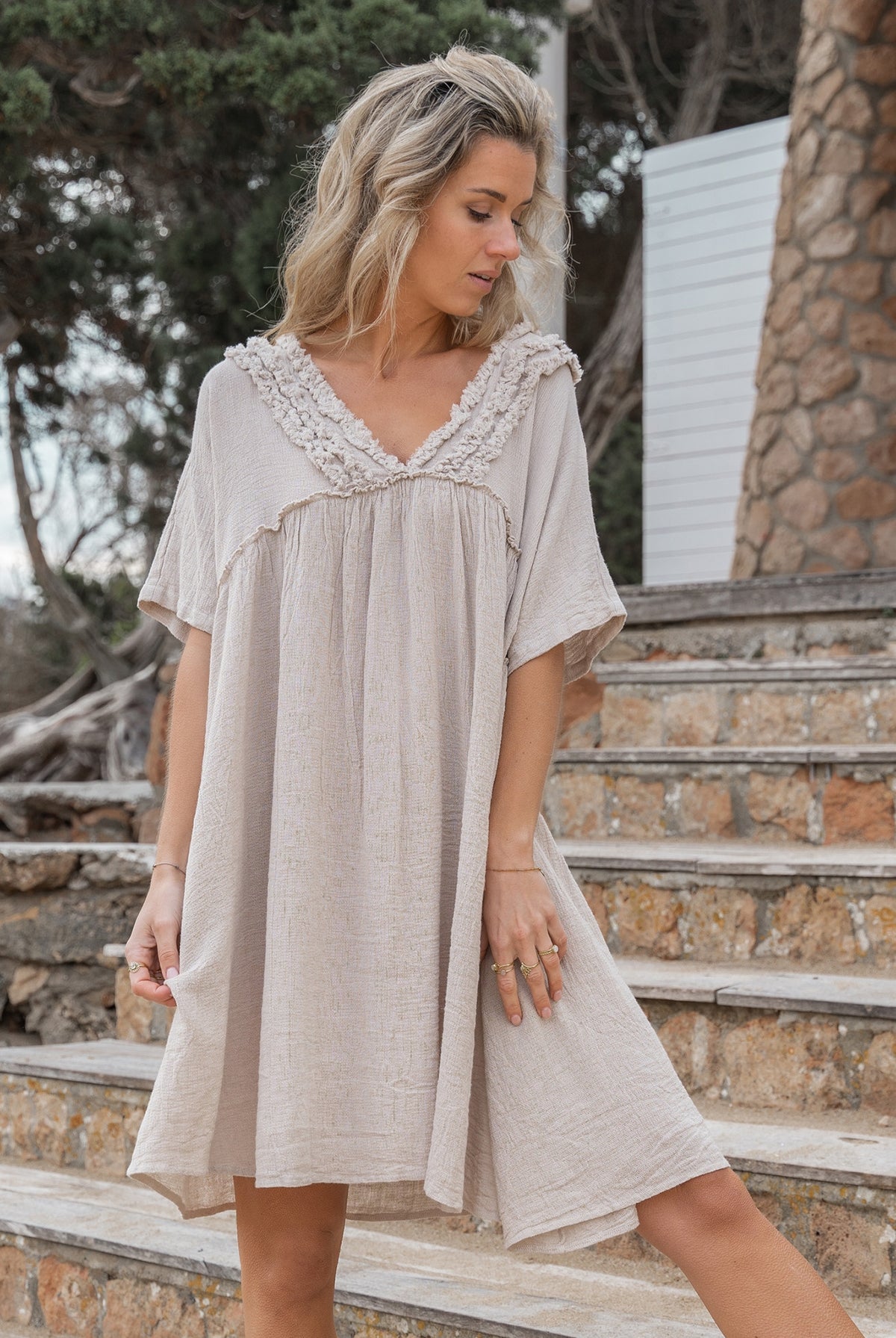 Bohemian jurk in taupe van ibzmode, Brands of Ibiza