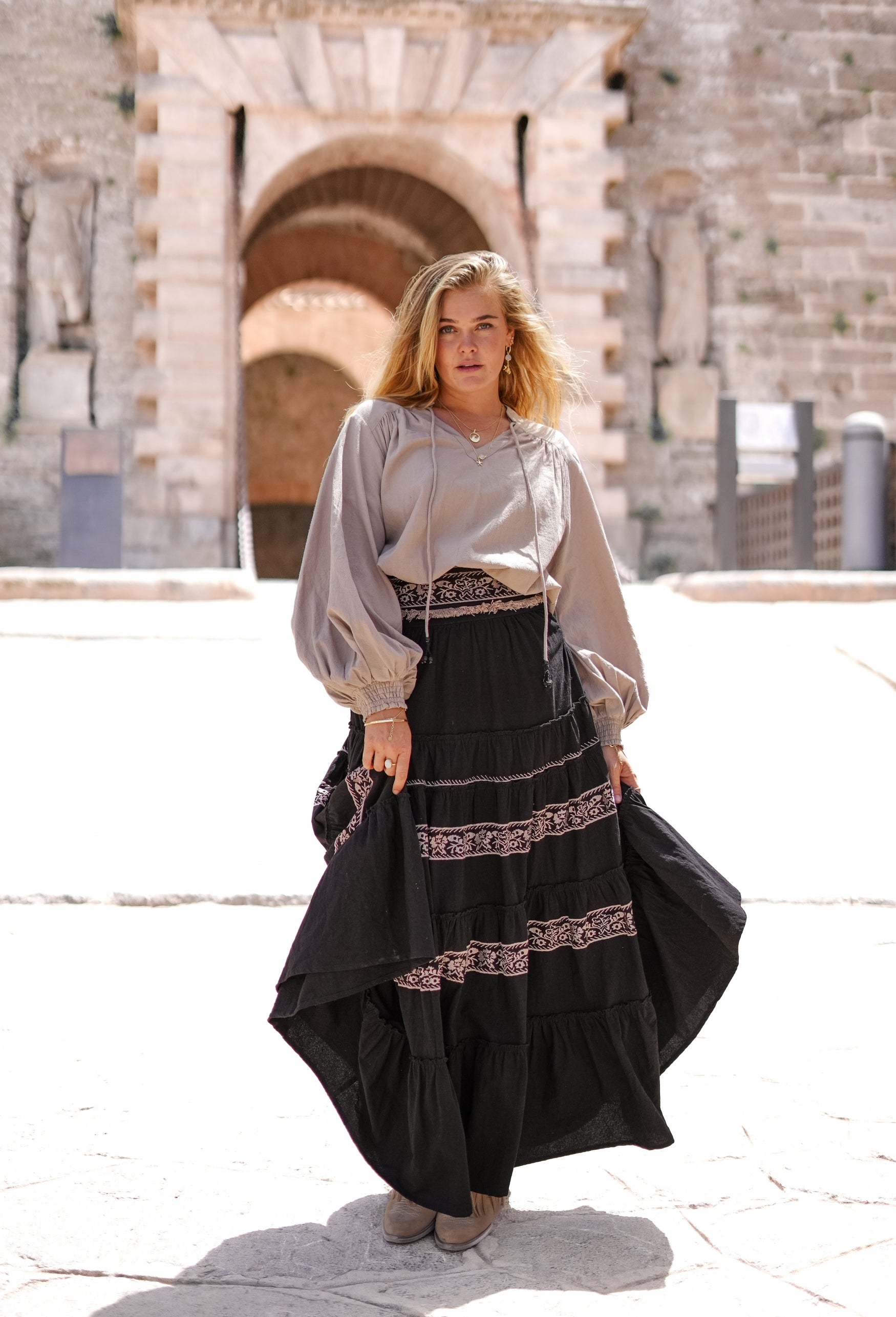 Bohemian blouse in light taupe van ibzmode, Brands of Ibiza