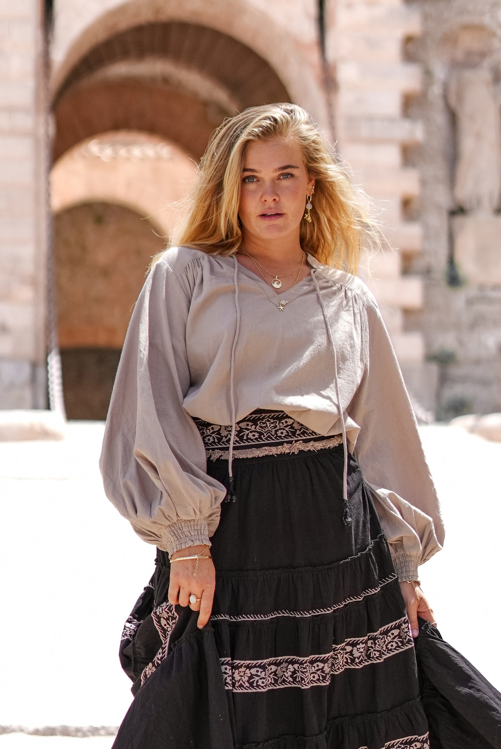 Bohemian blouse in light taupe van ibzmode, Brands of Ibiza