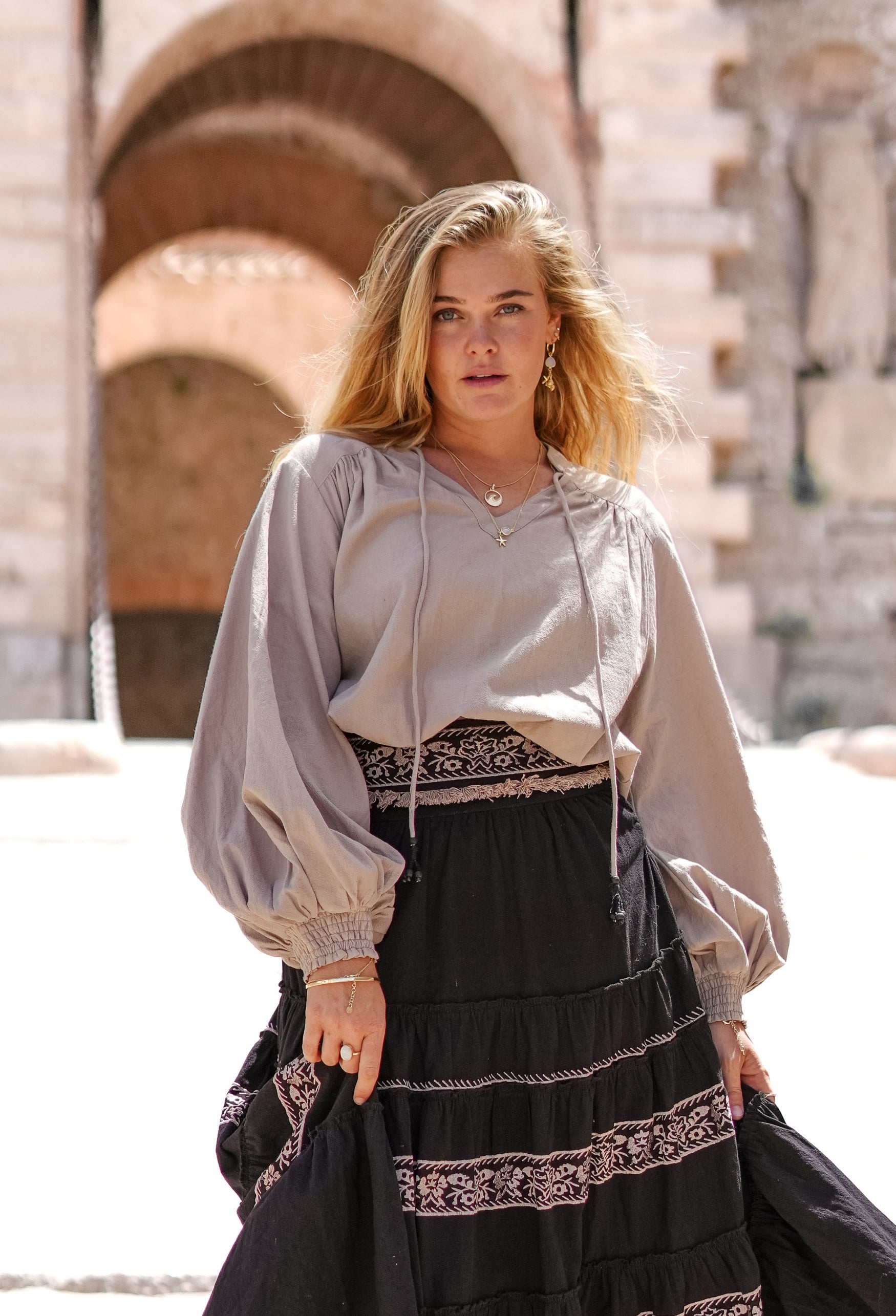 Bohemian blouse in light taupe van ibzmode, Brands of Ibiza