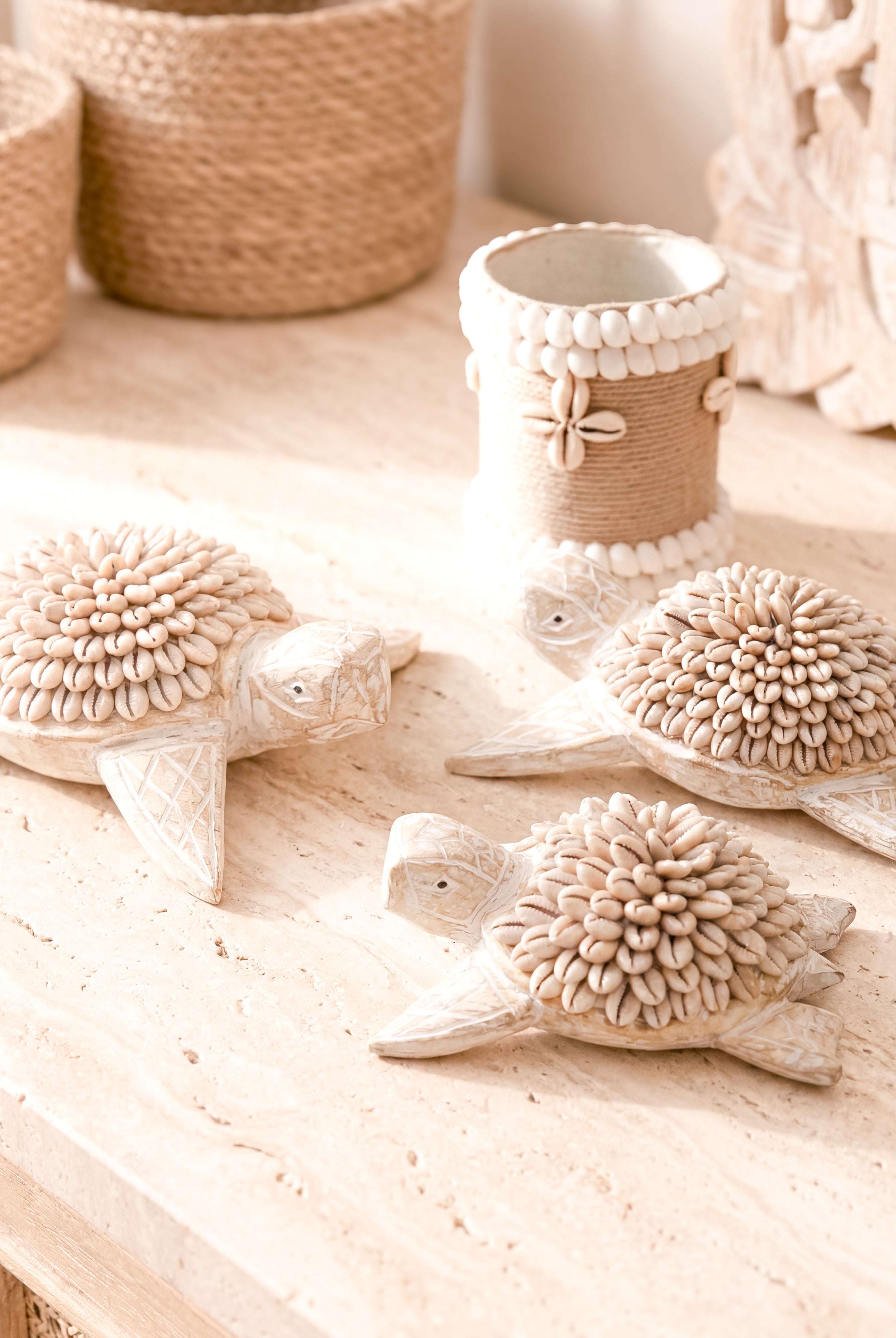 Ibizamode handcrafted turtle decor with shell details in natural bohemian interior