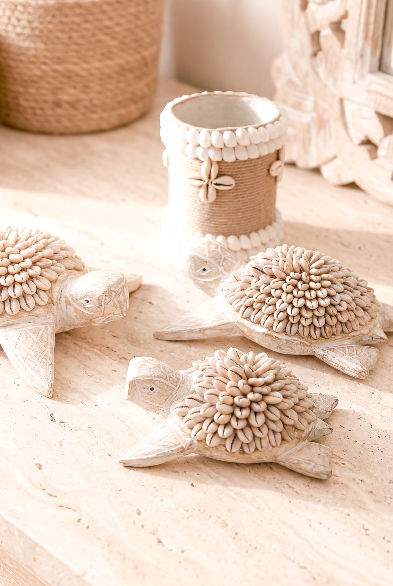 Ibizamode handcrafted turtle decor with shell details in natural bohemian interior