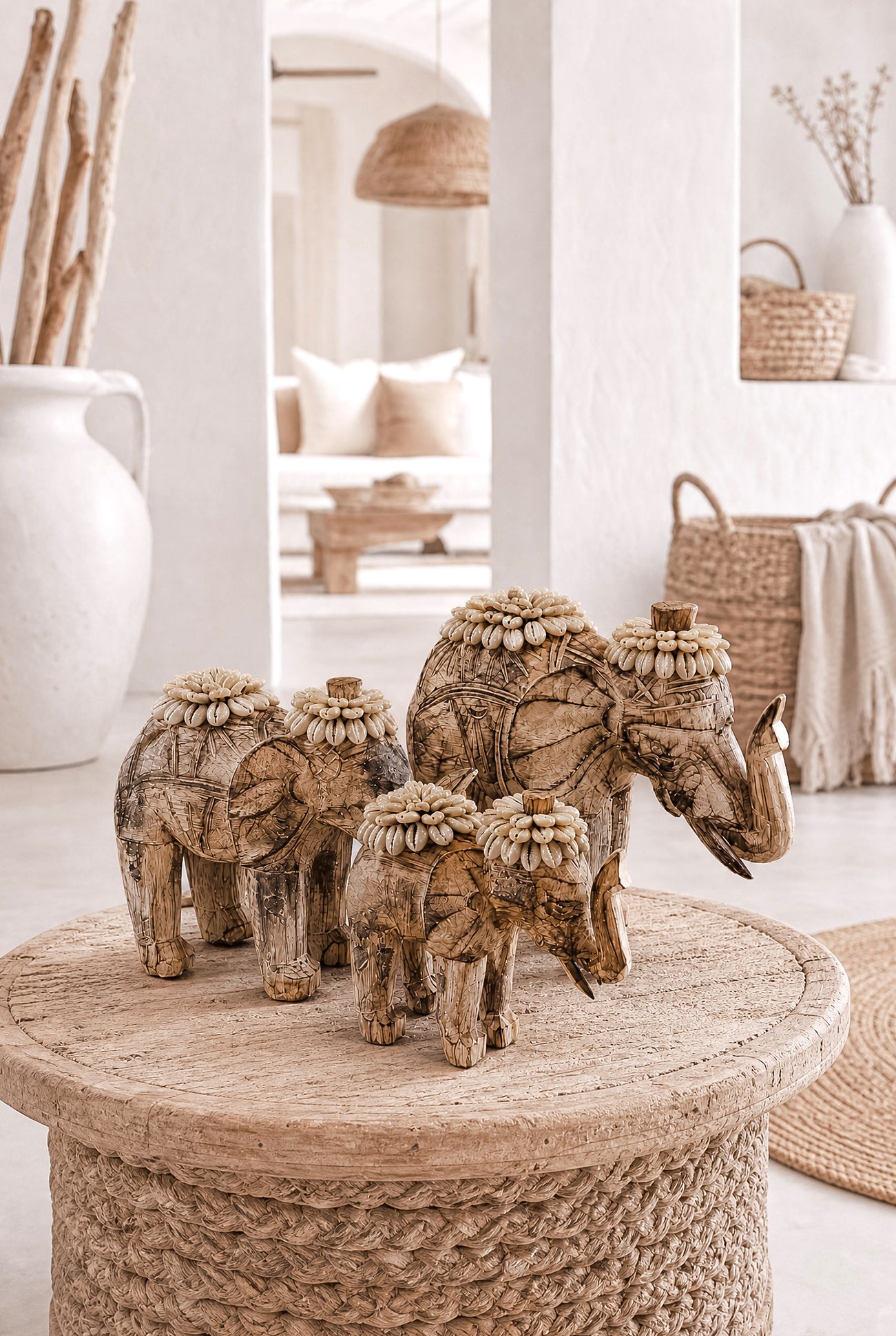 Ibizamode handcrafted wooden elephant decor with shell details in bohemian interior