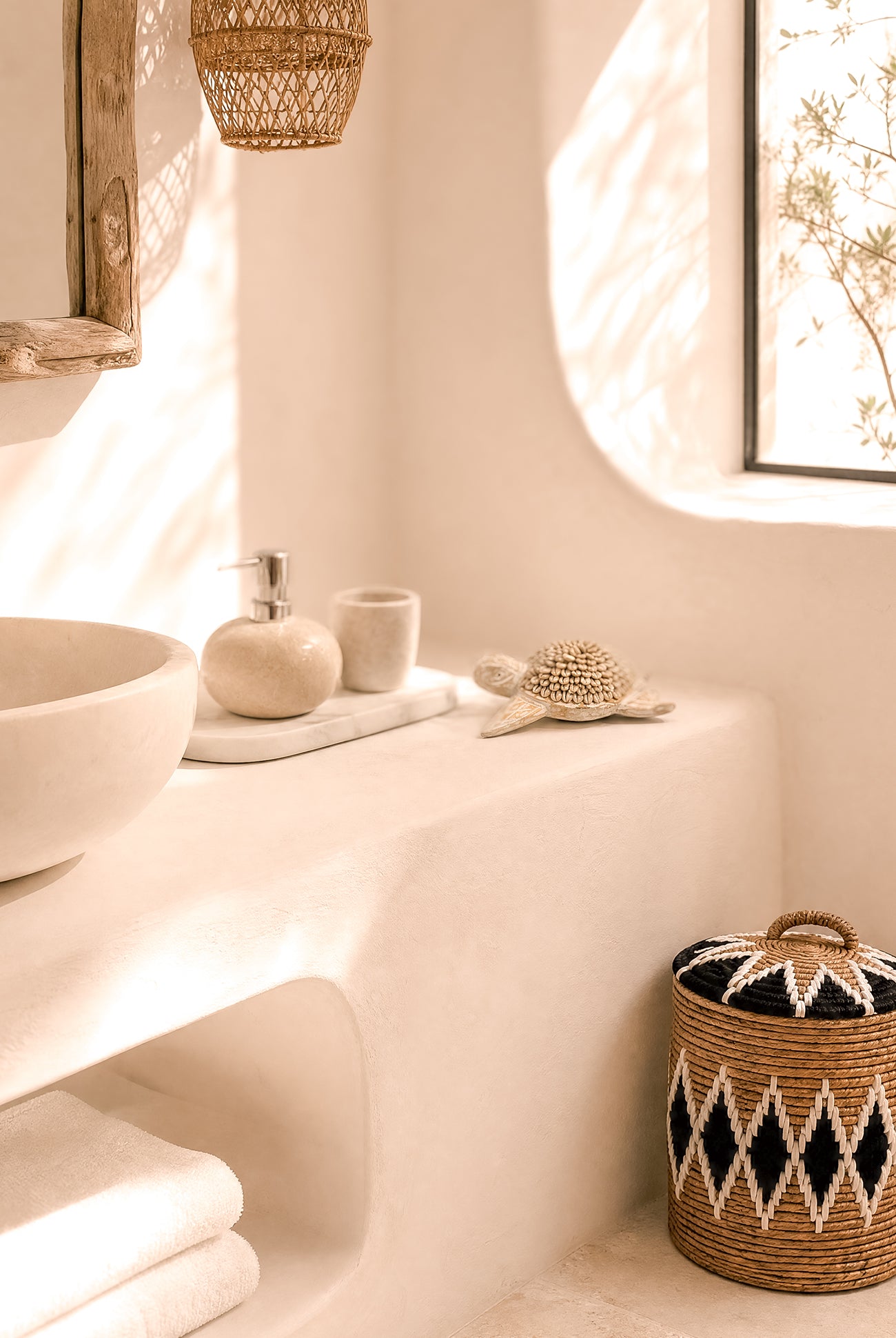 Ibizamode natural stone soap dispenser with textured finish in bohemian bathroom interior