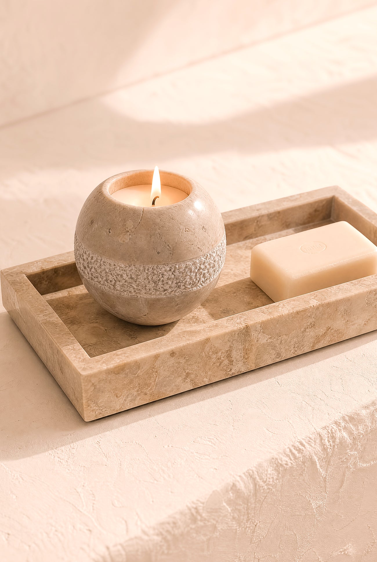 Ibizamode natural marble tealight holder with pearl texture in bohemian interior styling