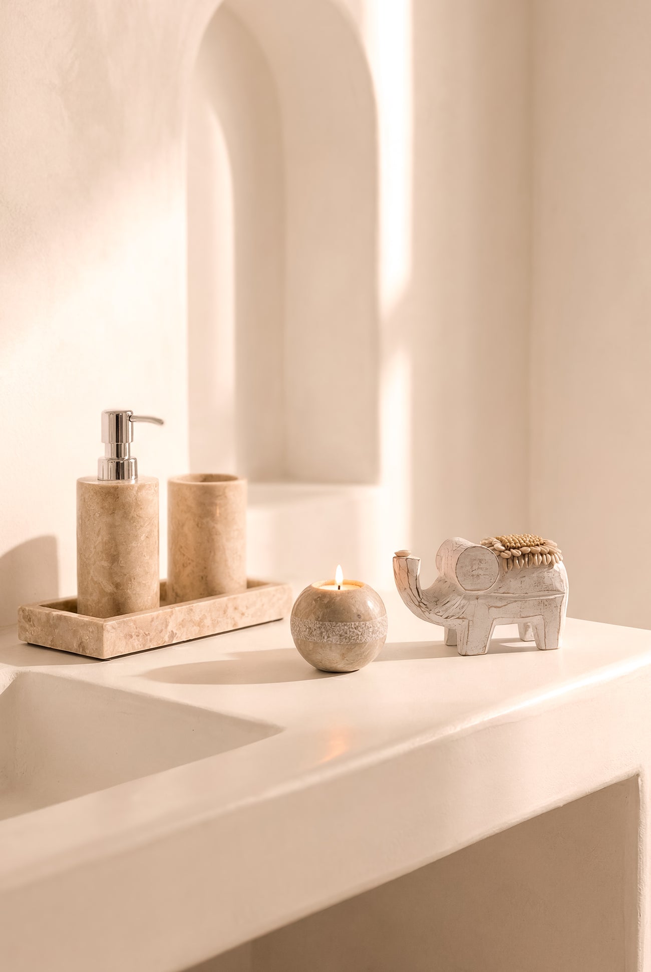 Ibizamode natural marble tealight holder with pearl texture in bohemian interior styling