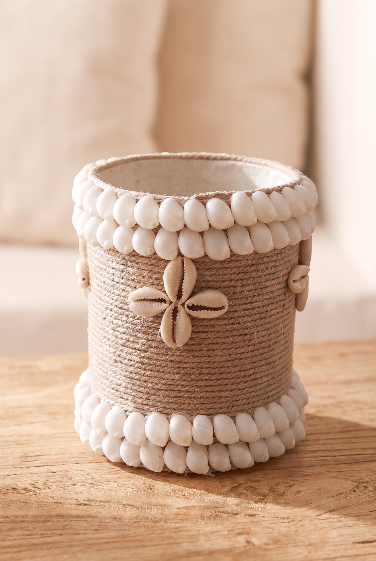 Ibizamode small handmade basket with shell details in bohemian bathroom styling