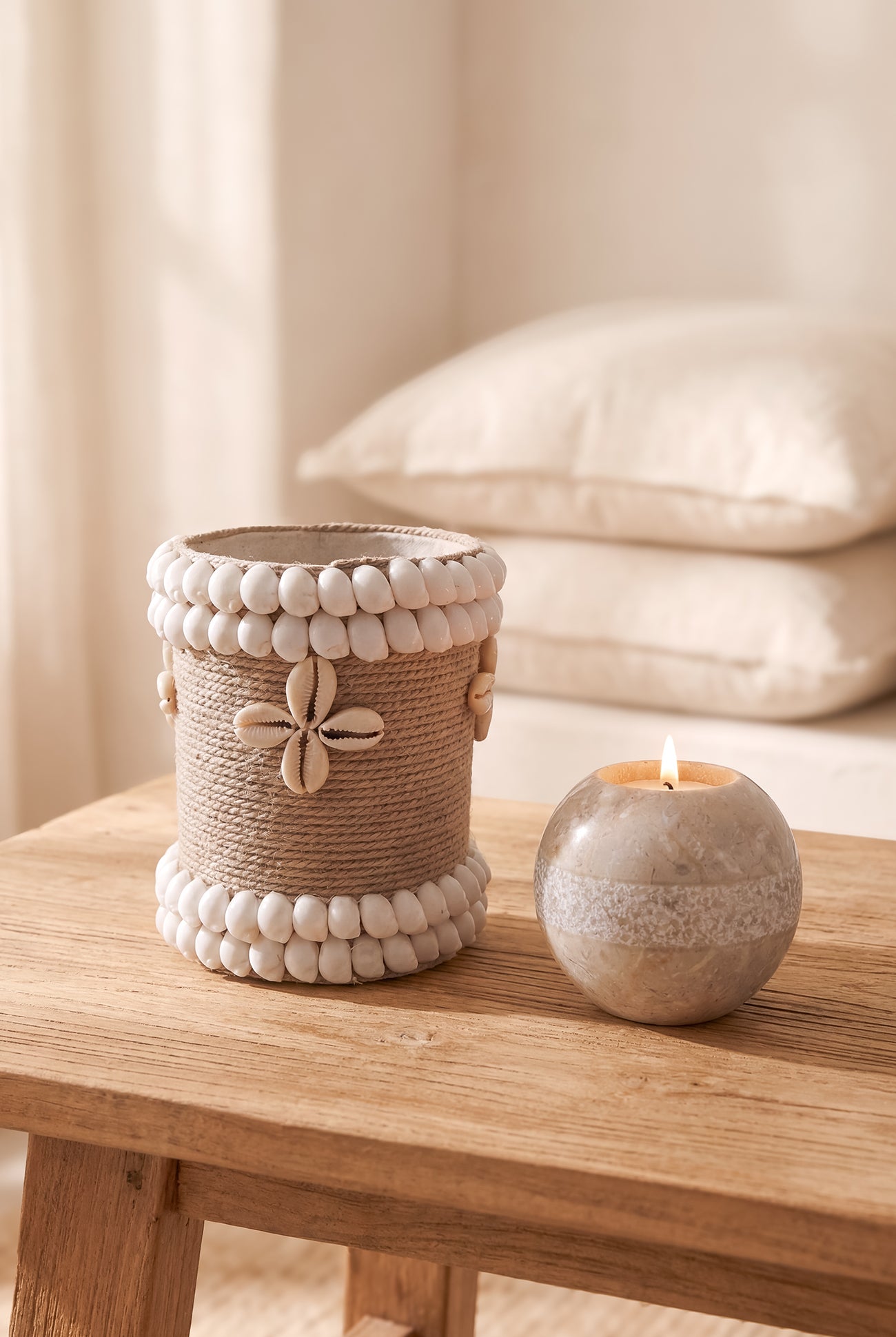 Ibizamode natural marble tealight holder with pearl texture in bohemian interior styling