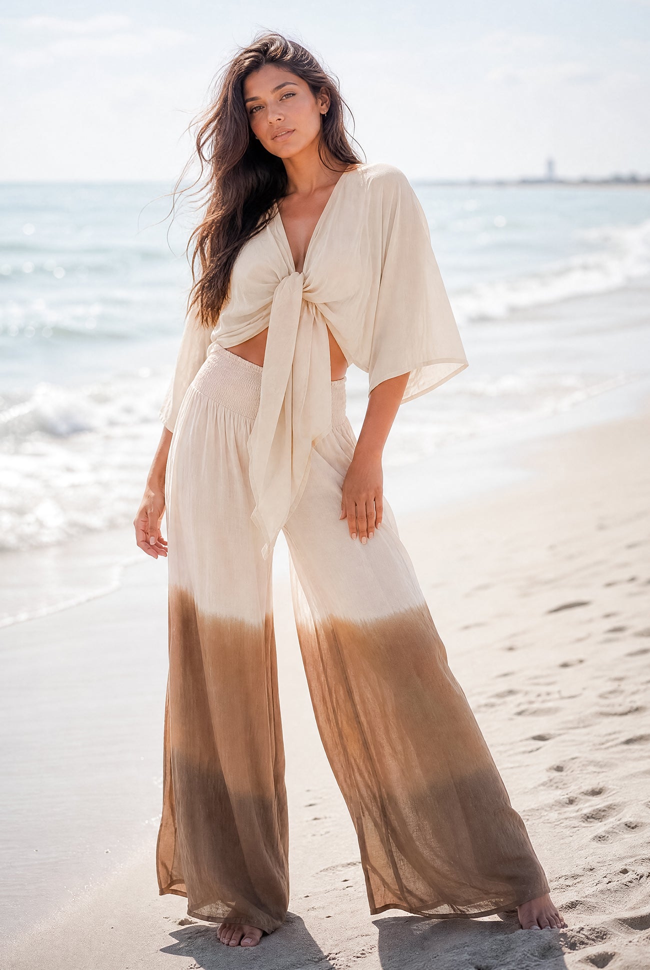 Ibizamode Pants Vena Almora Ivory with airy printed look and flowy summer fit