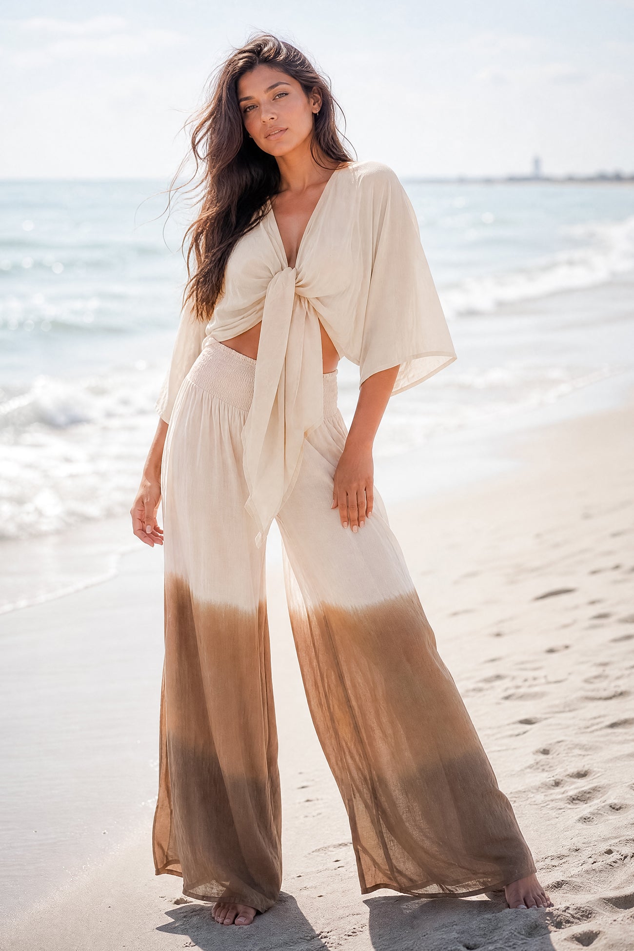 Ibizamode Pants Vena Almora Ivory with airy printed look and flowy summer fit