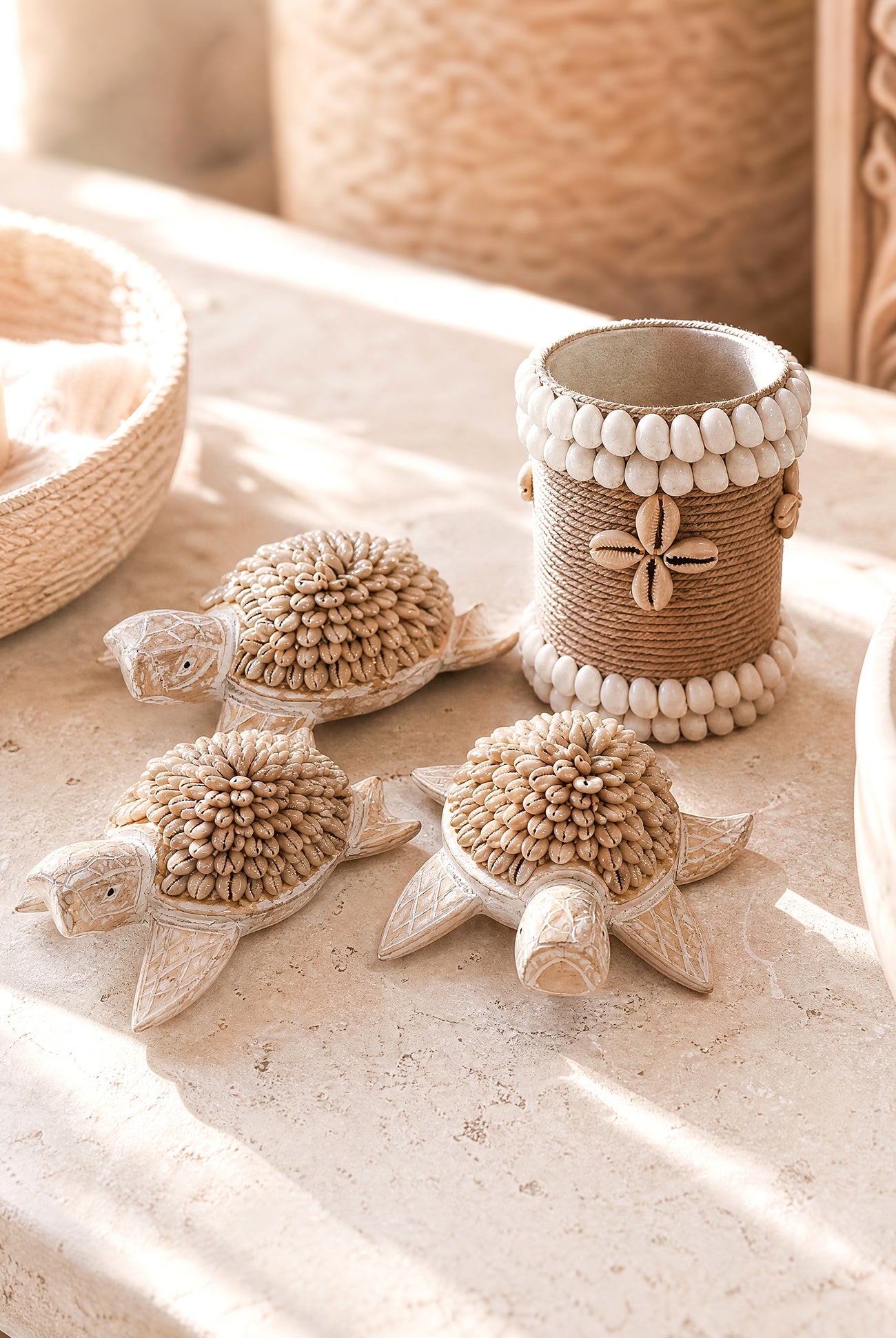 Ibizamode small handmade basket with shell details in bohemian bathroom styling