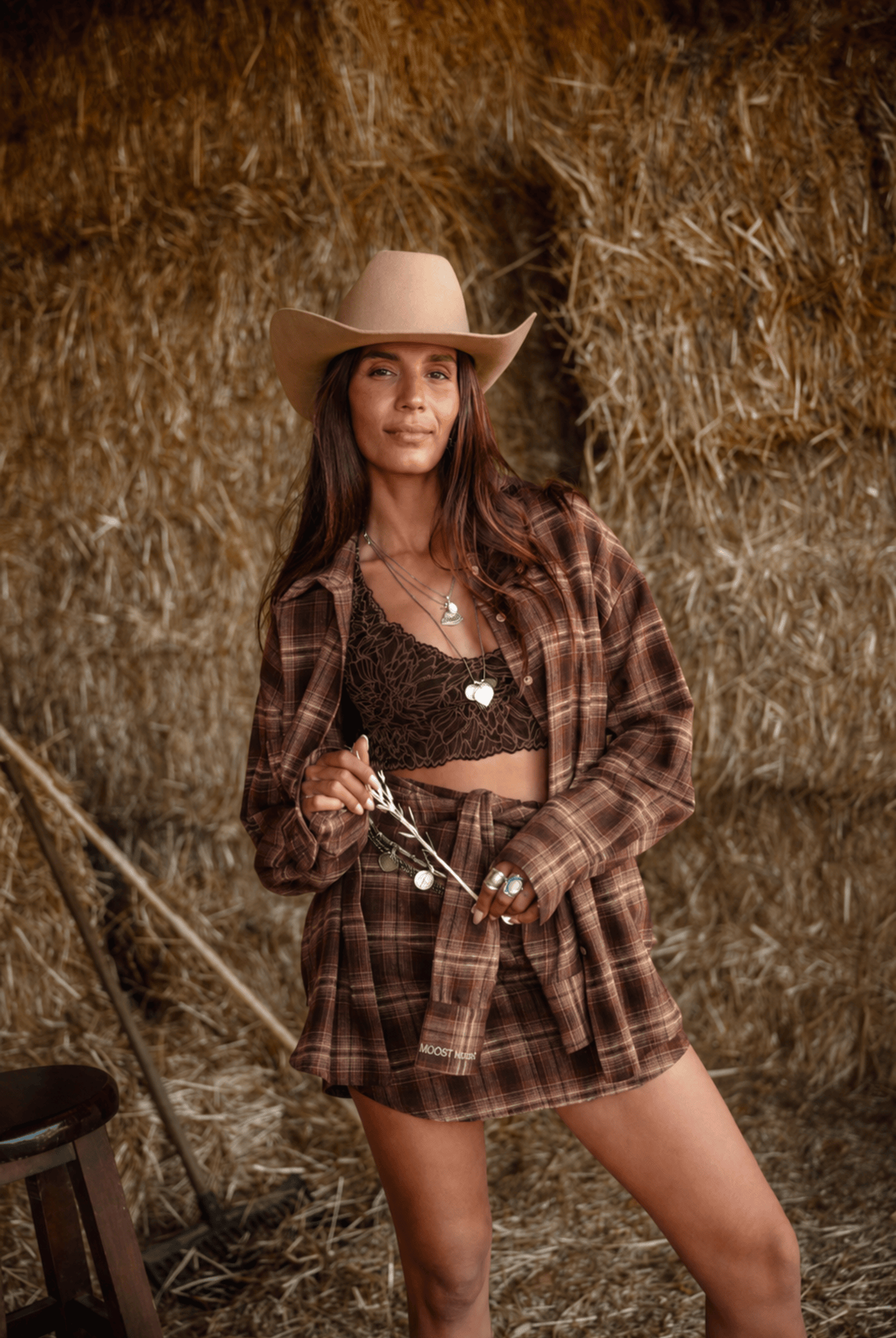 MOOST Wanted Celine Check Skirt Dark Brown geruite boho rok met warme aardetinten