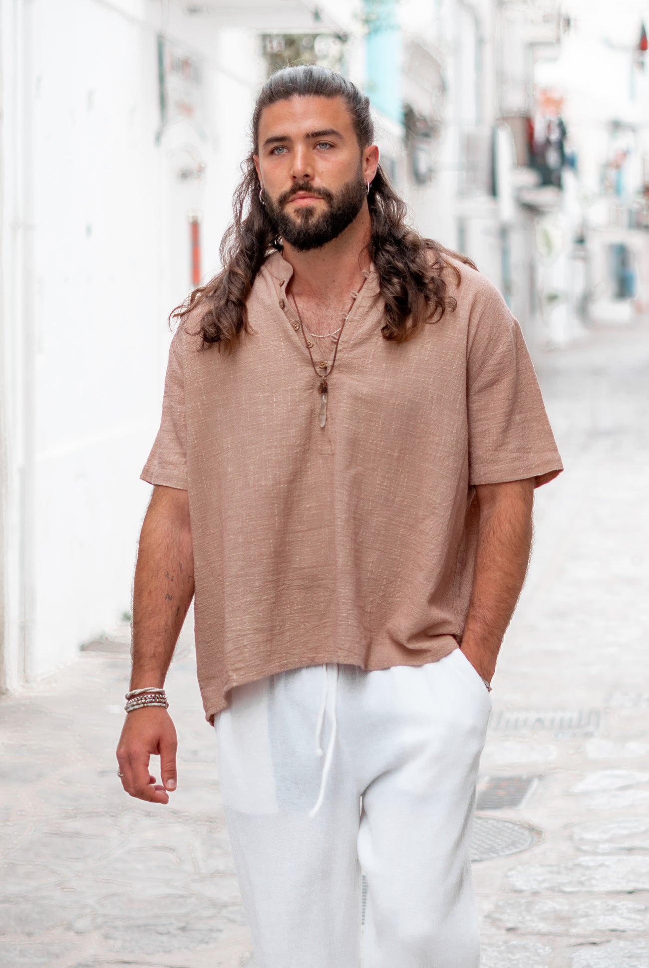Bohemian blouse in taupe van ibzmode, Brands of Ibiza