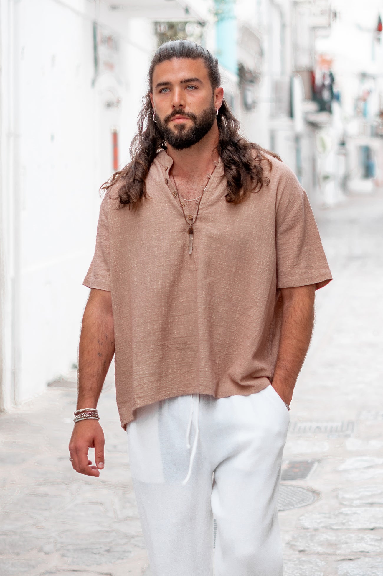 Bohemian blouse in taupe van ibzmode, Brands of Ibiza