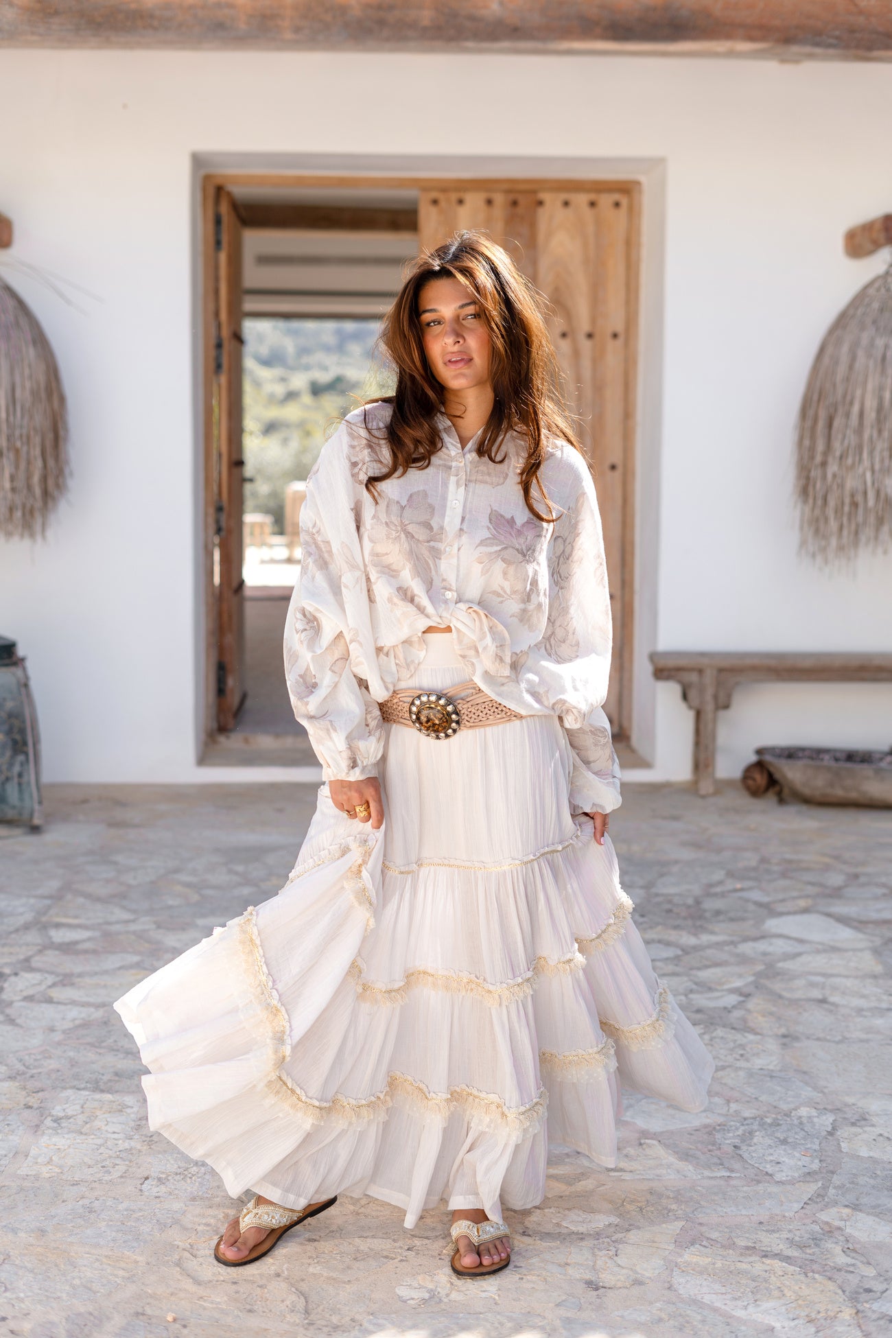 Ibizamode Bohemian Bloom ivory Lucia skirt with layered ruffles and lace trim