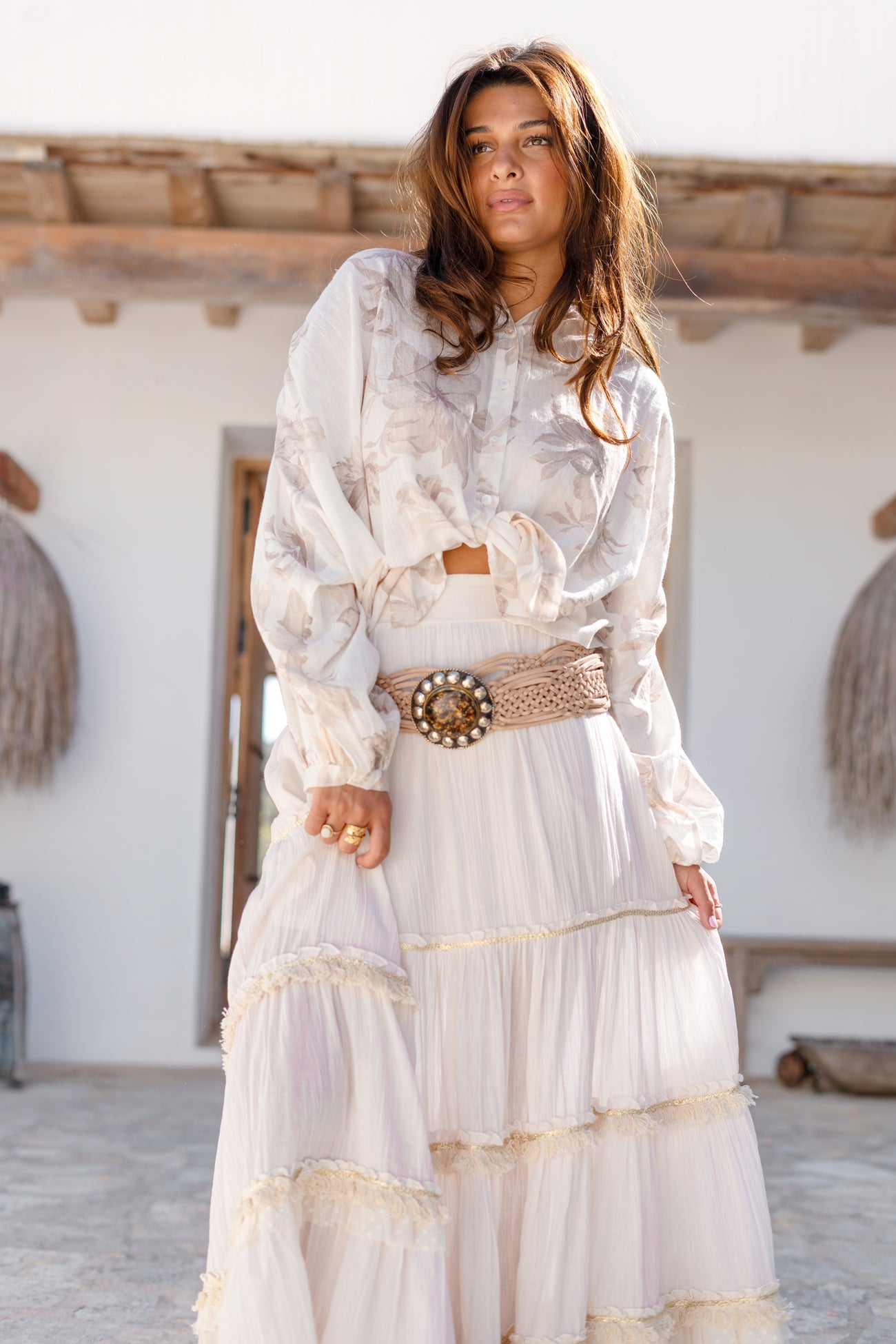 Ibizamode Bohemian Bloom ivory Lucia skirt with layered ruffles and lace trim