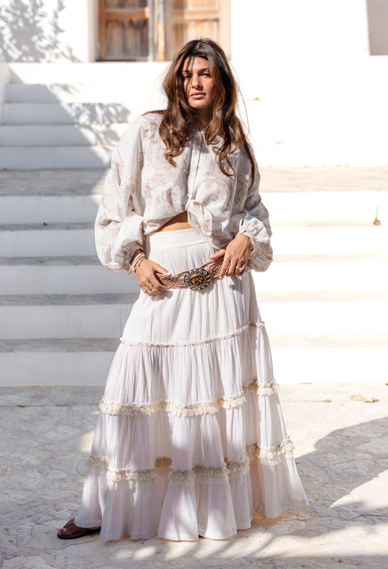 Ibizamode Bohemian Bloom ivory Lucia skirt with layered ruffles and lace trim