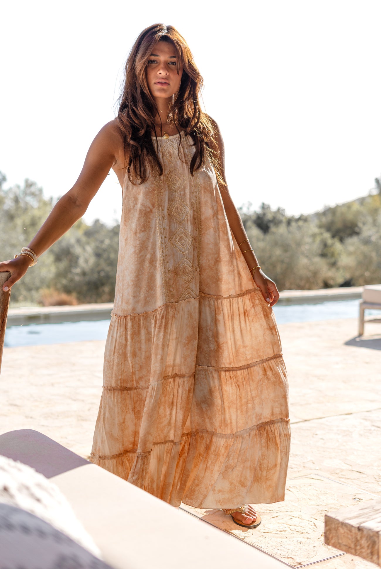Ibizamode Bohemian Blush beige tie dye viscose strap dress