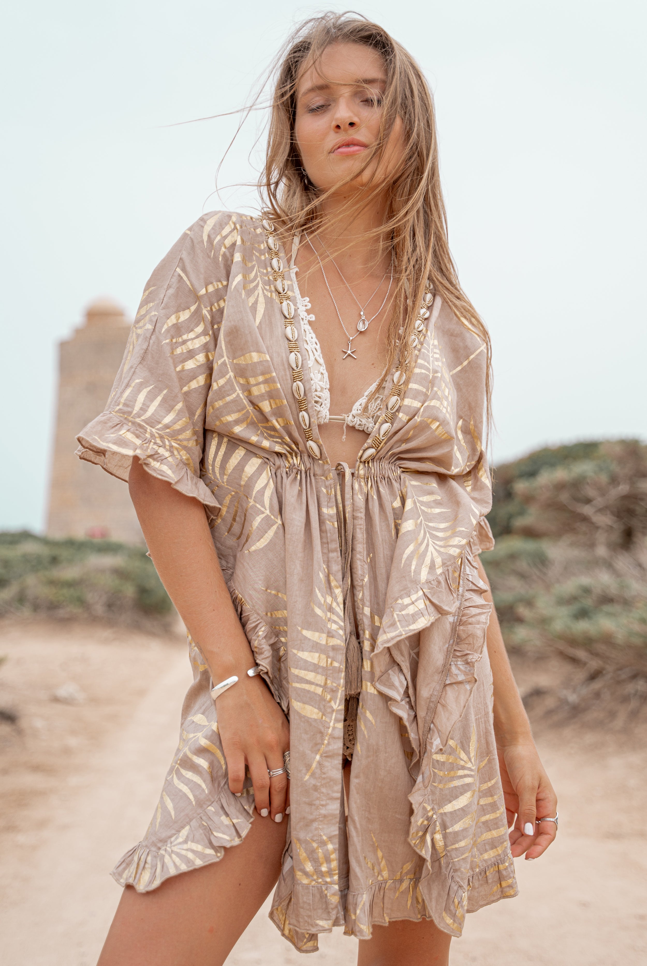 Kimono bohemio en color topo de ibzmode, Marcas de Ibiza