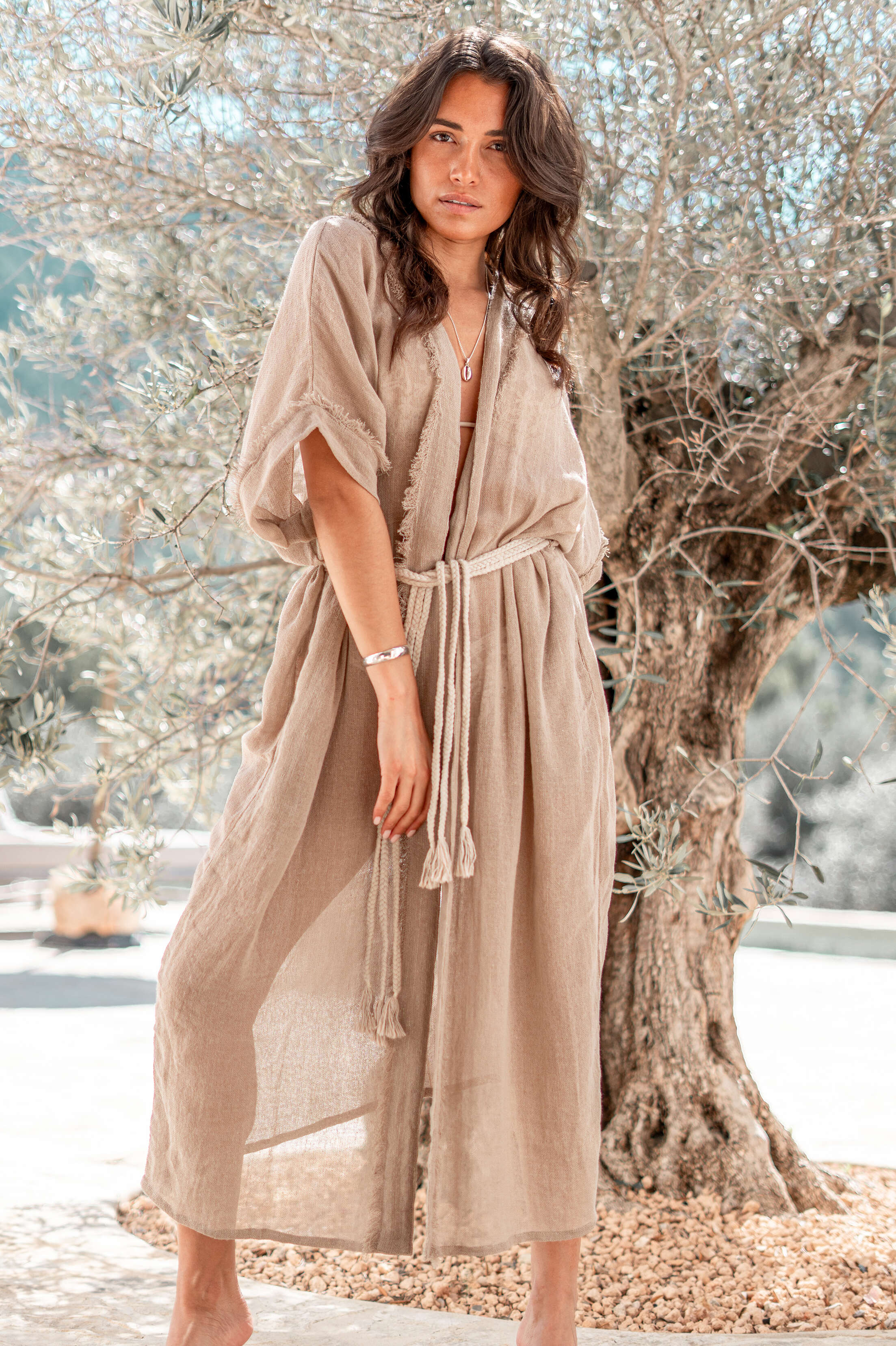 Bohemian kimono in taupe van ibzmode, Brands of Ibiza