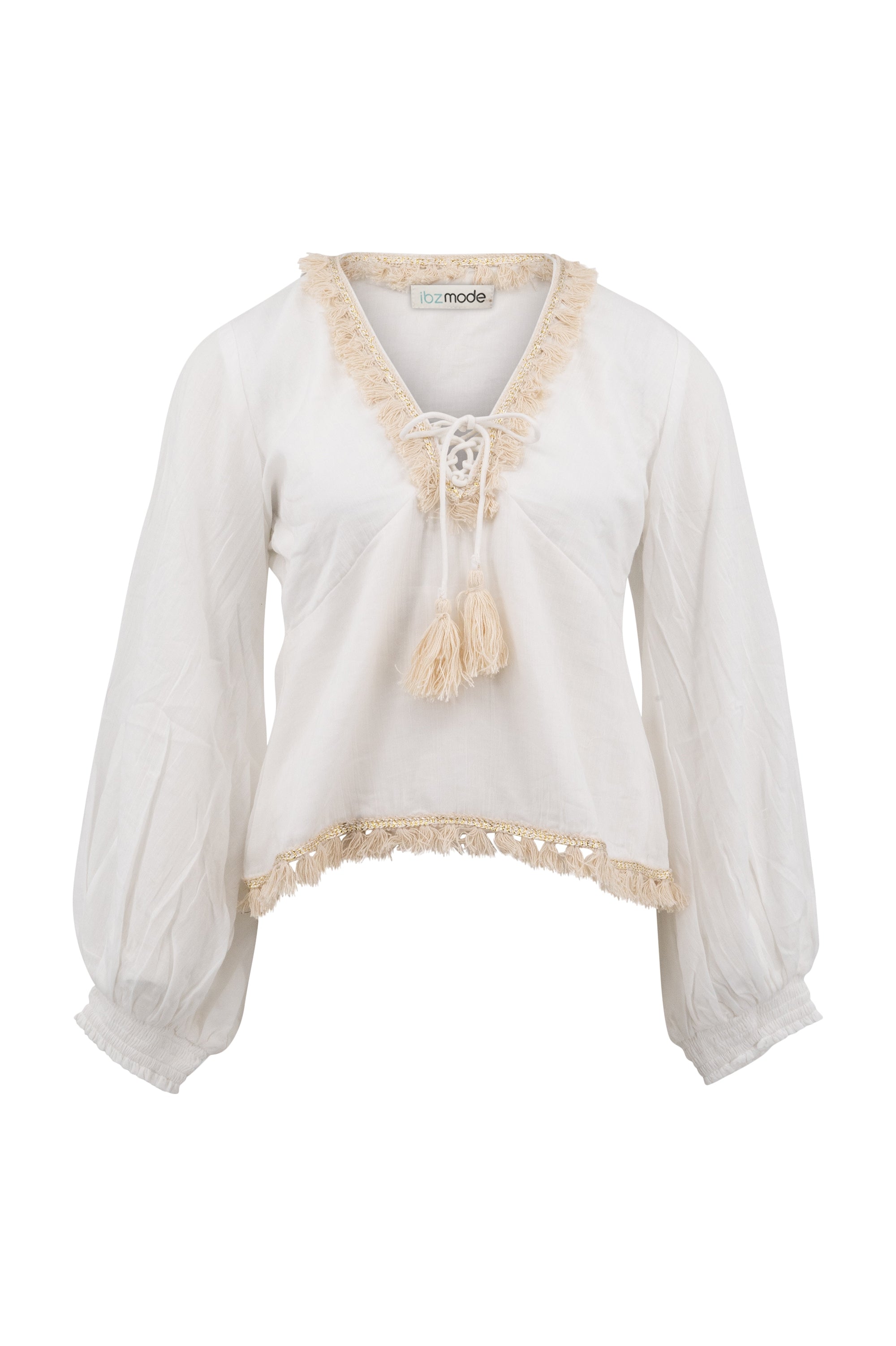 Bohemian blouse in white van ibzmode, Brands of Ibiza