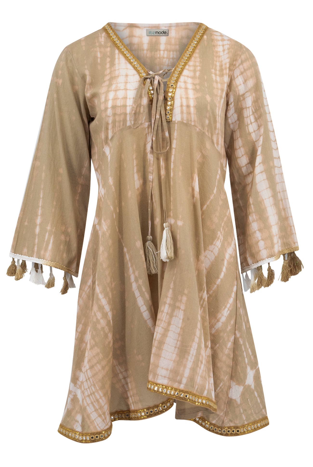 Bohemian jurk in tie dye taupe van ibzmode, Brands of Ibiza