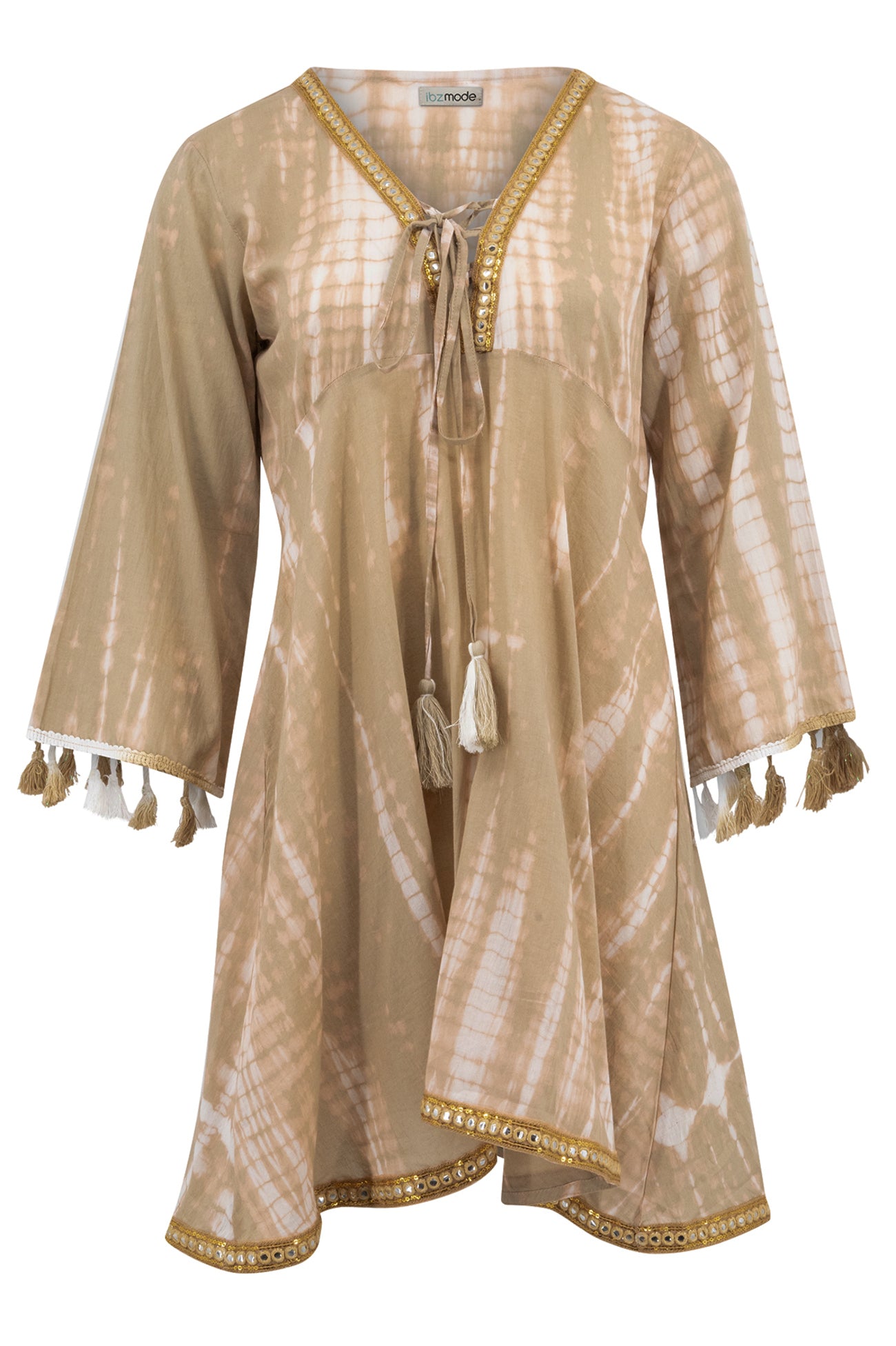 Bohemian jurk in tie dye taupe van ibzmode, Brands of Ibiza