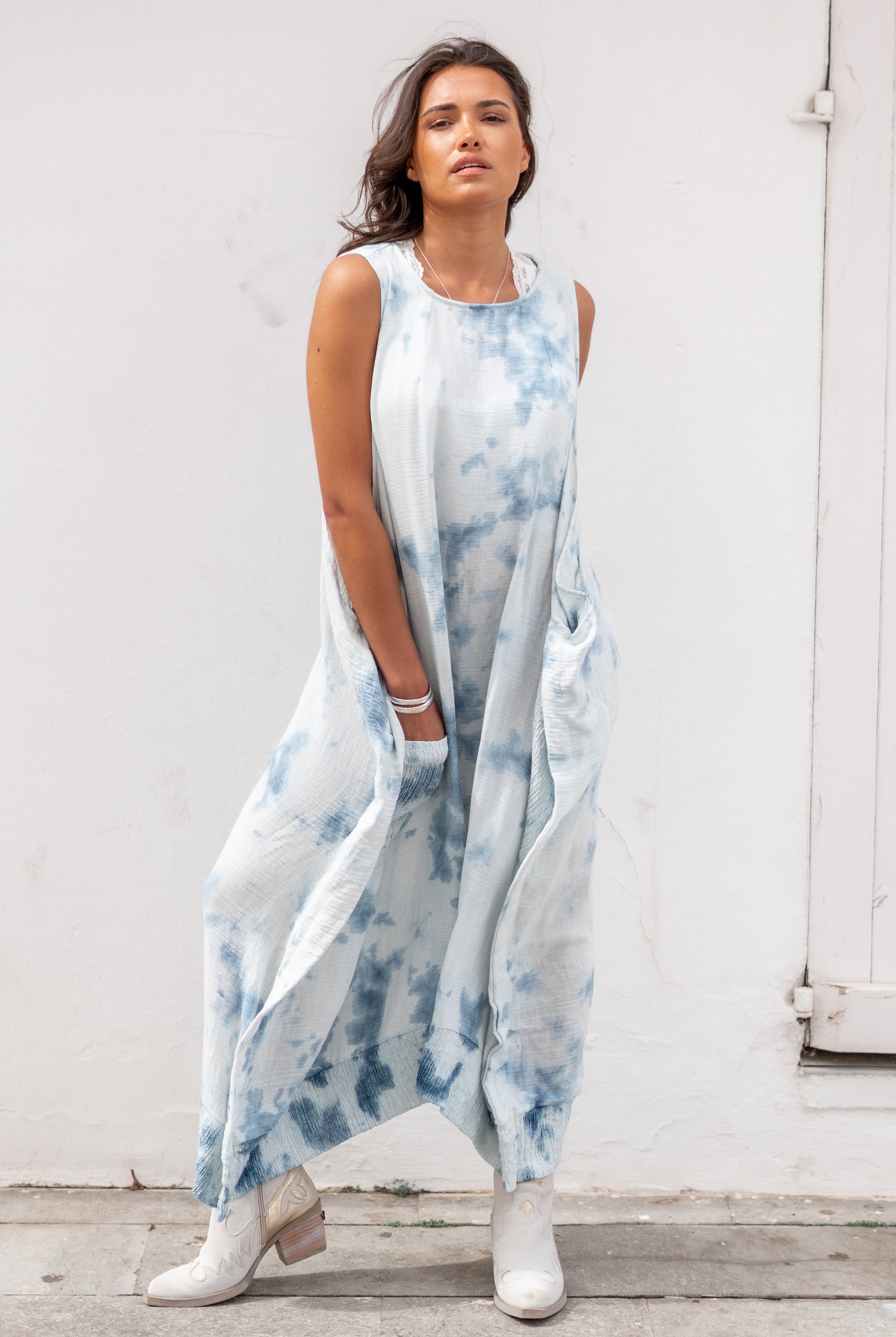 Bohemian dress in blue tie dye from ibzmode, Brands of Ibiza