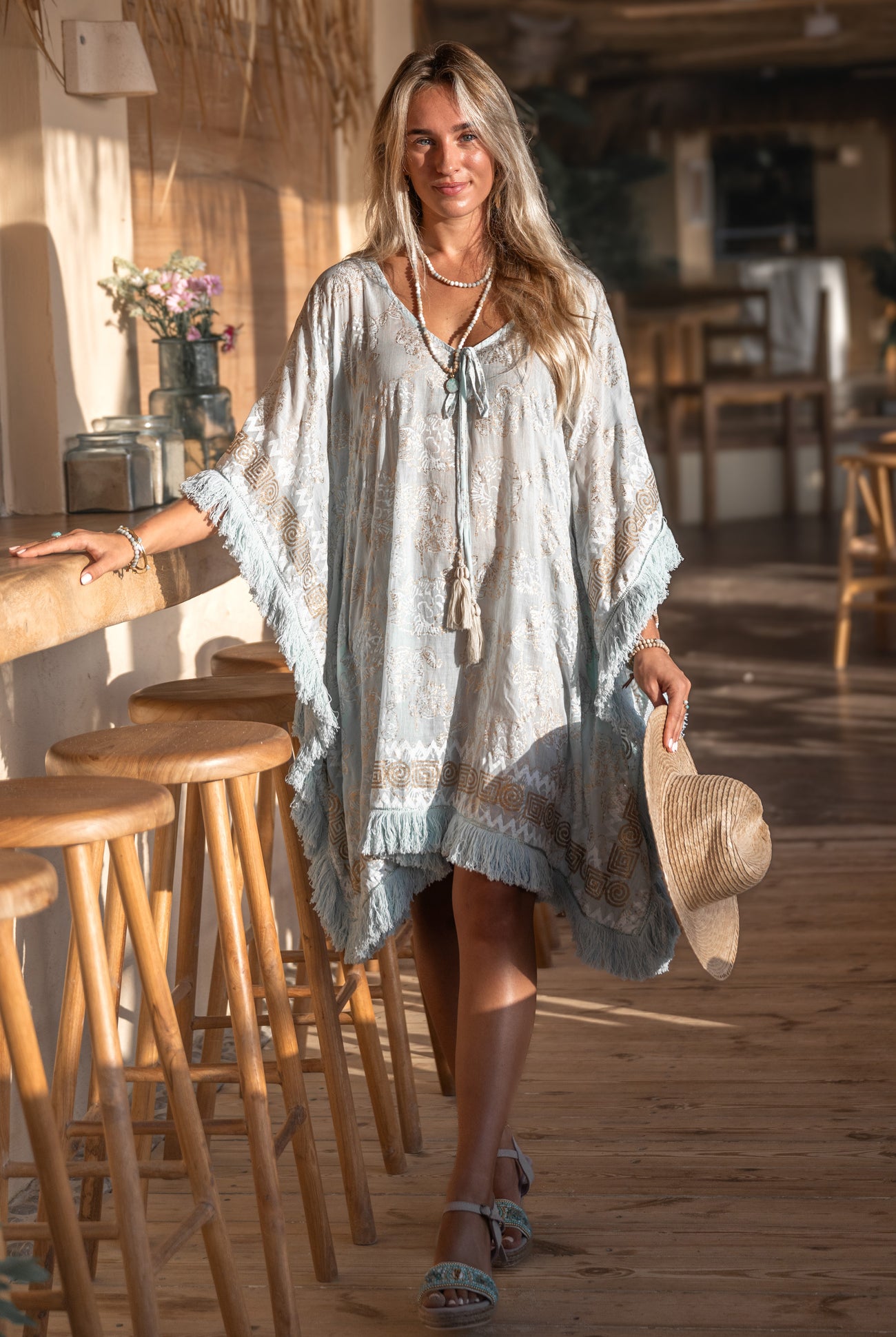 Ibzmode Short Kaftan Tavina Lumira Baby Blue with golden details and bohemian beachwear style