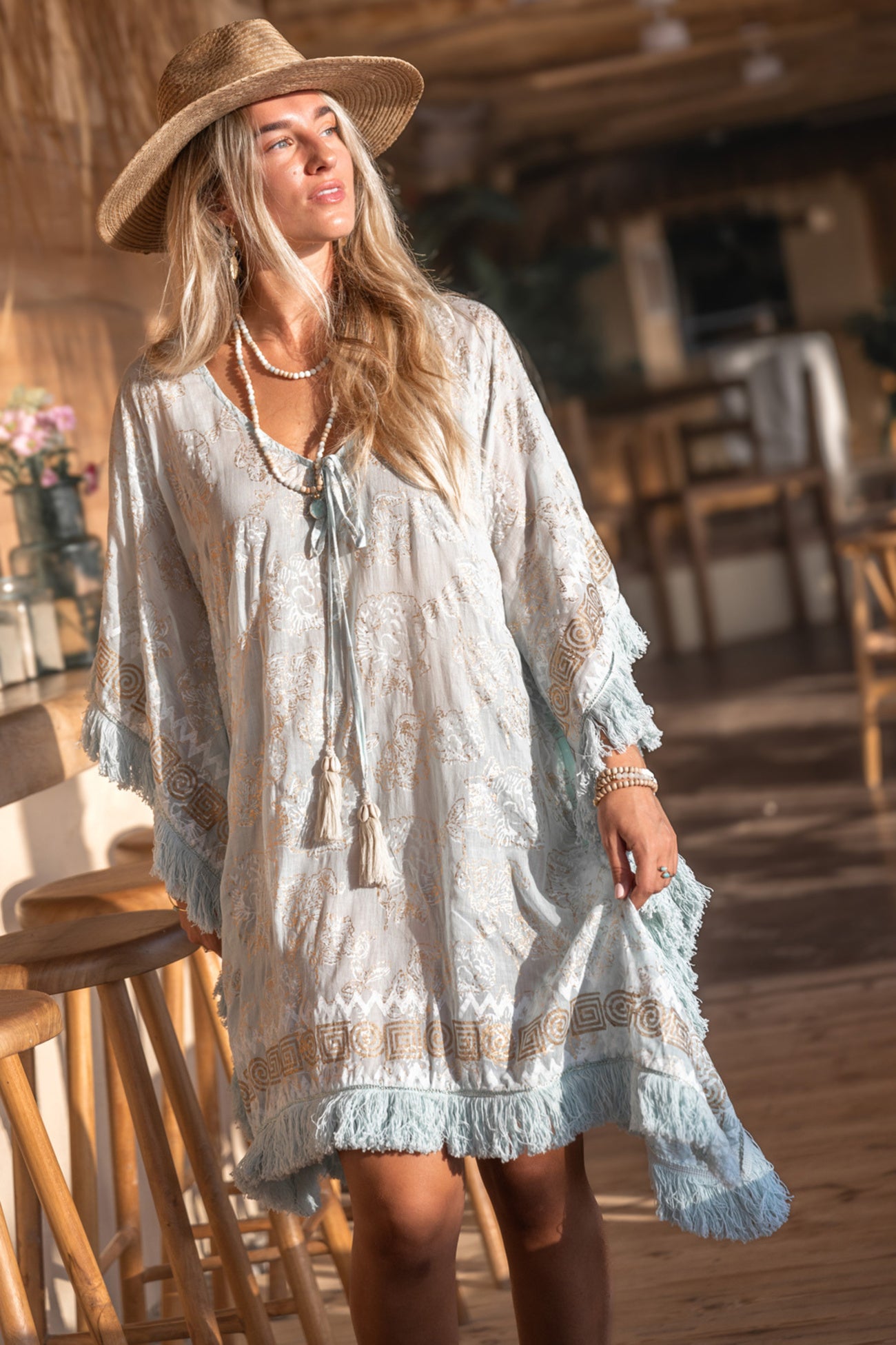 Ibzmode Short Kaftan Tavina Lumira Baby Blue with golden details and bohemian beachwear style