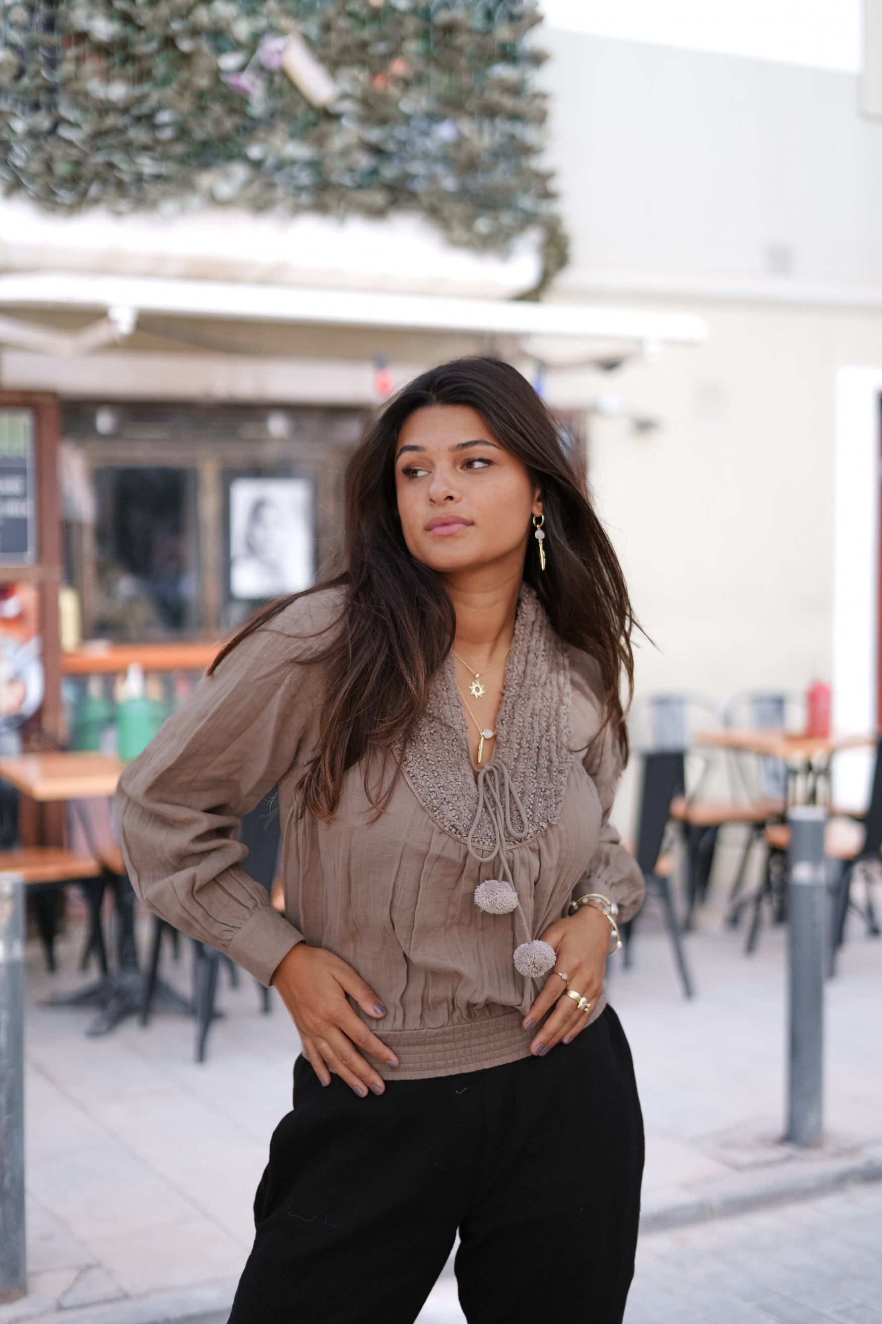 Bohemian blouse in taupe van ibzmode, Brands of Ibiza