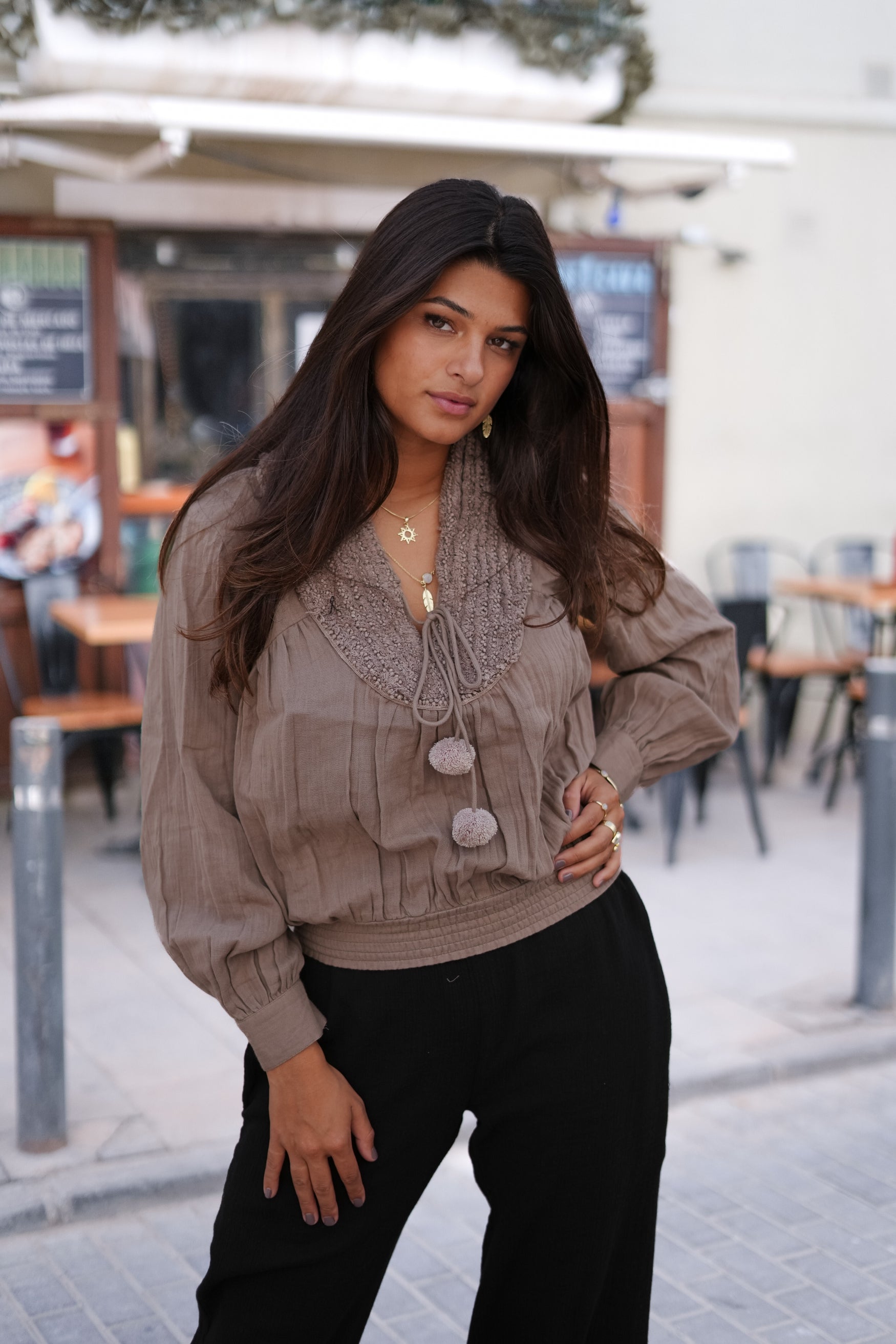 Bohemian blouse in taupe van ibzmode, Brands of Ibiza