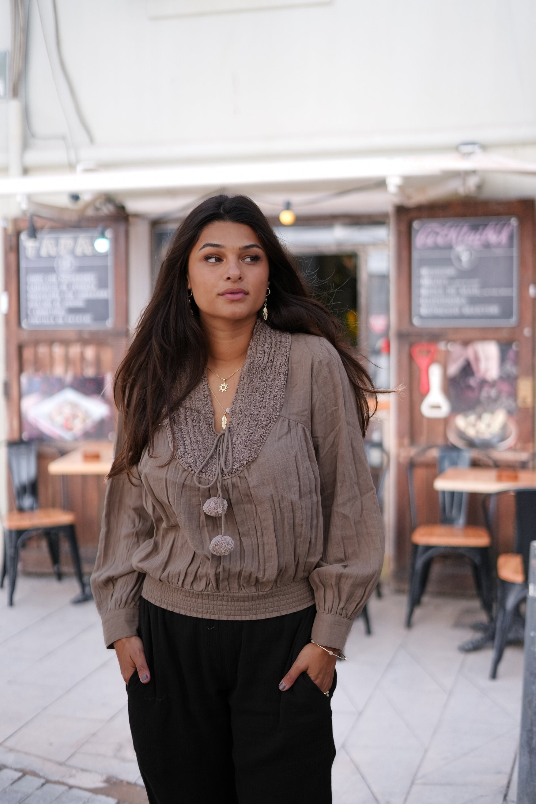 Bohemian blouse in taupe van ibzmode, Brands of Ibiza