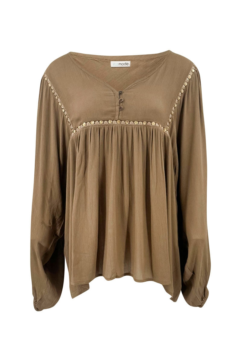 Bohemian blouse in taupe van ibzmode, Brands of Ibiza