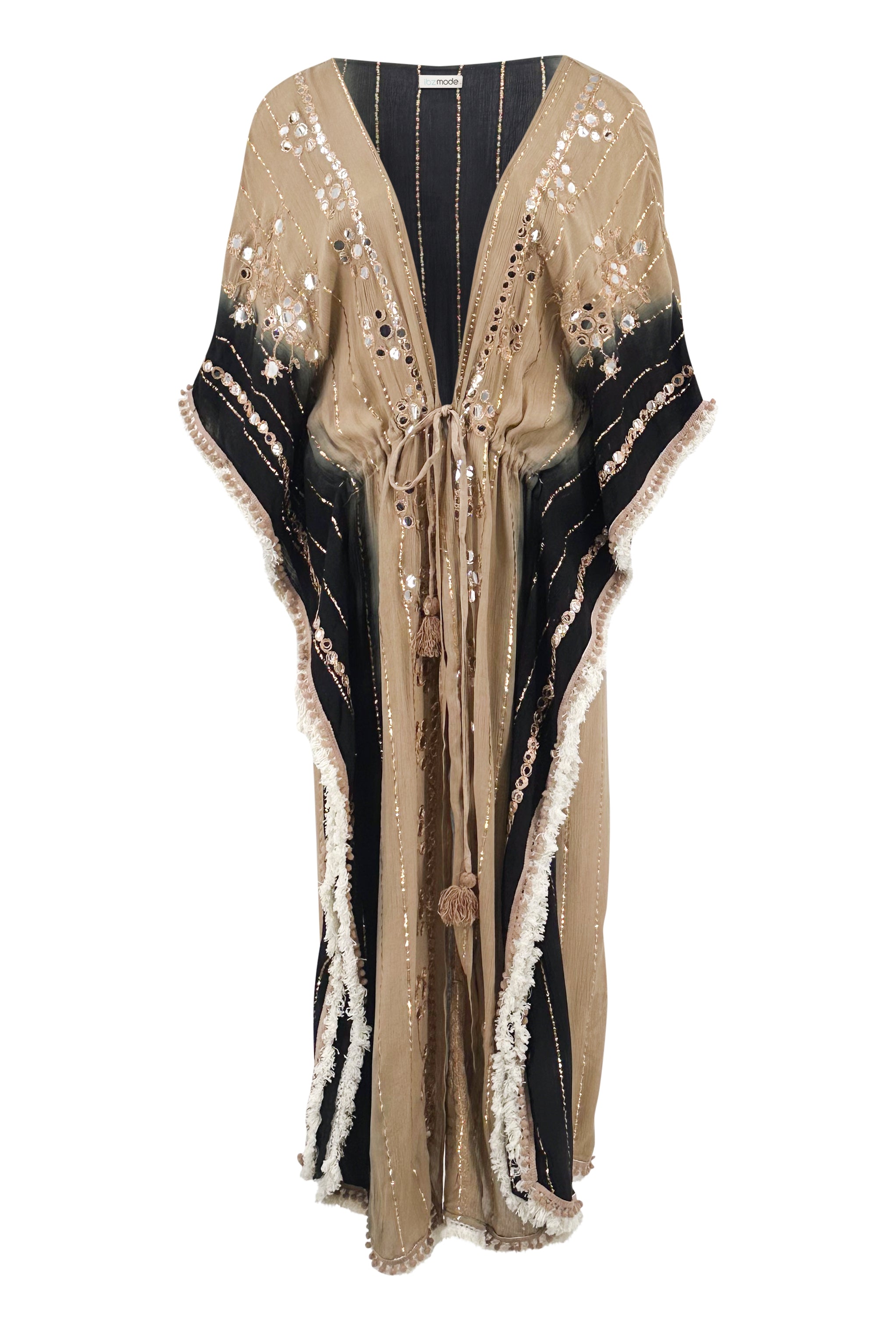 Bohemian kimono in black sand van ibzmode, Brands of Ibiza