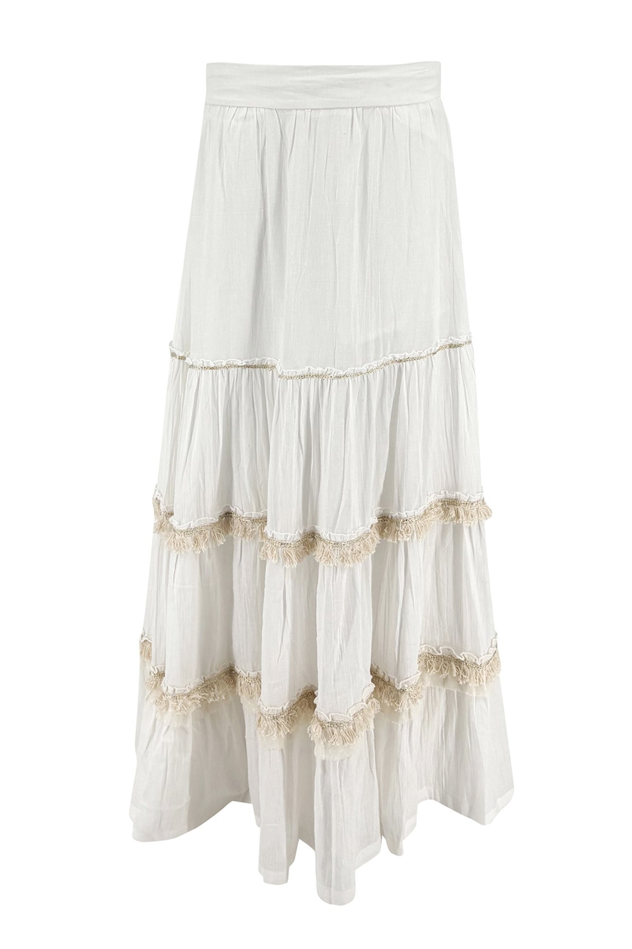 Ibizamode Bohemian Bloom ivory Lucia skirt with layered ruffles and lace trim