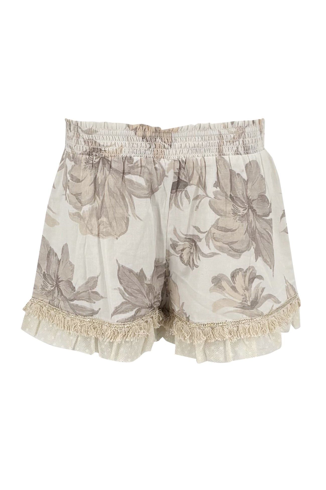 Ibizamode Bohemian Bloom ivory floral Ana short with elastic waist and lace trim