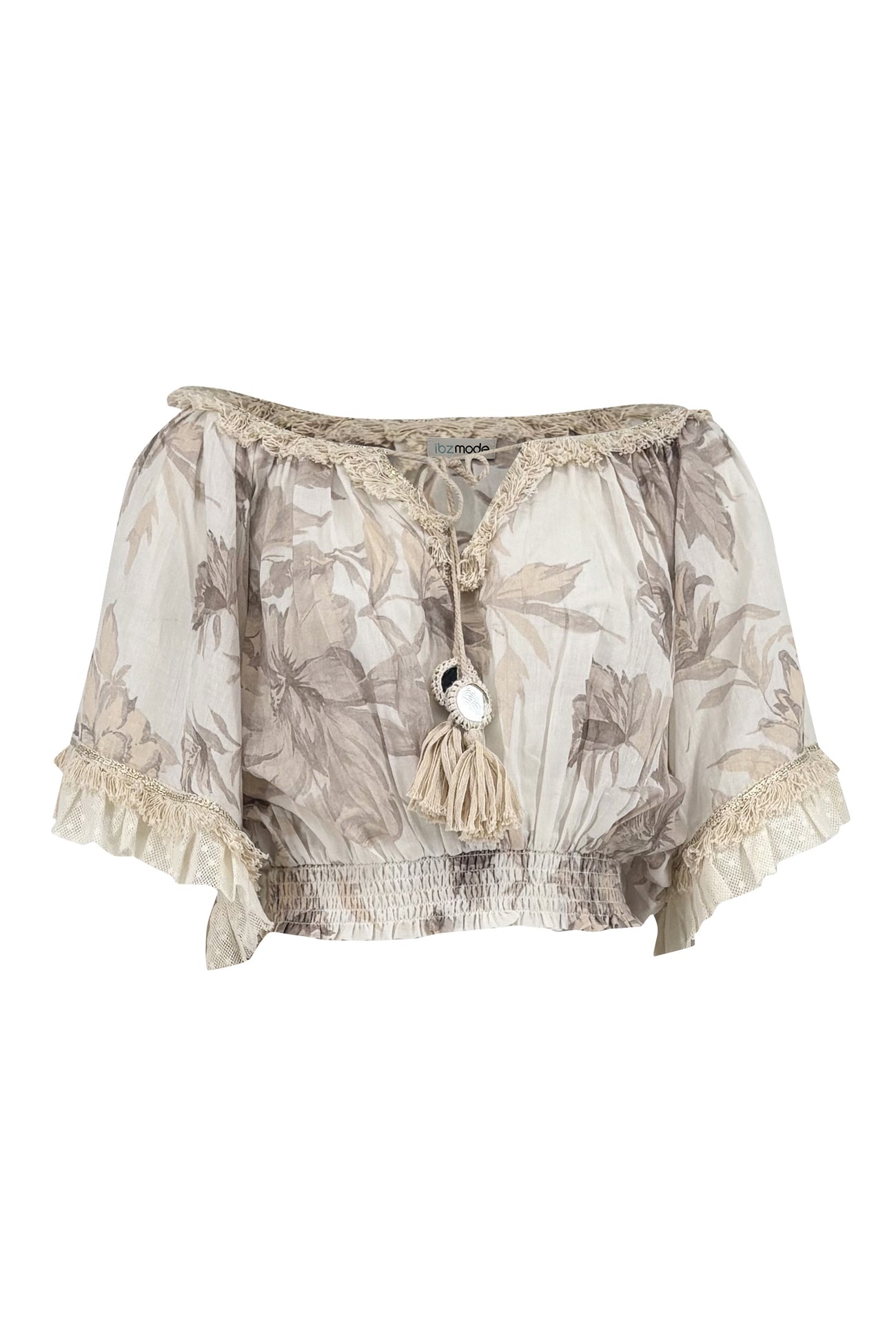 Ibizamode Bohemian Bloom ivory floral Ana top with romantic lace accents