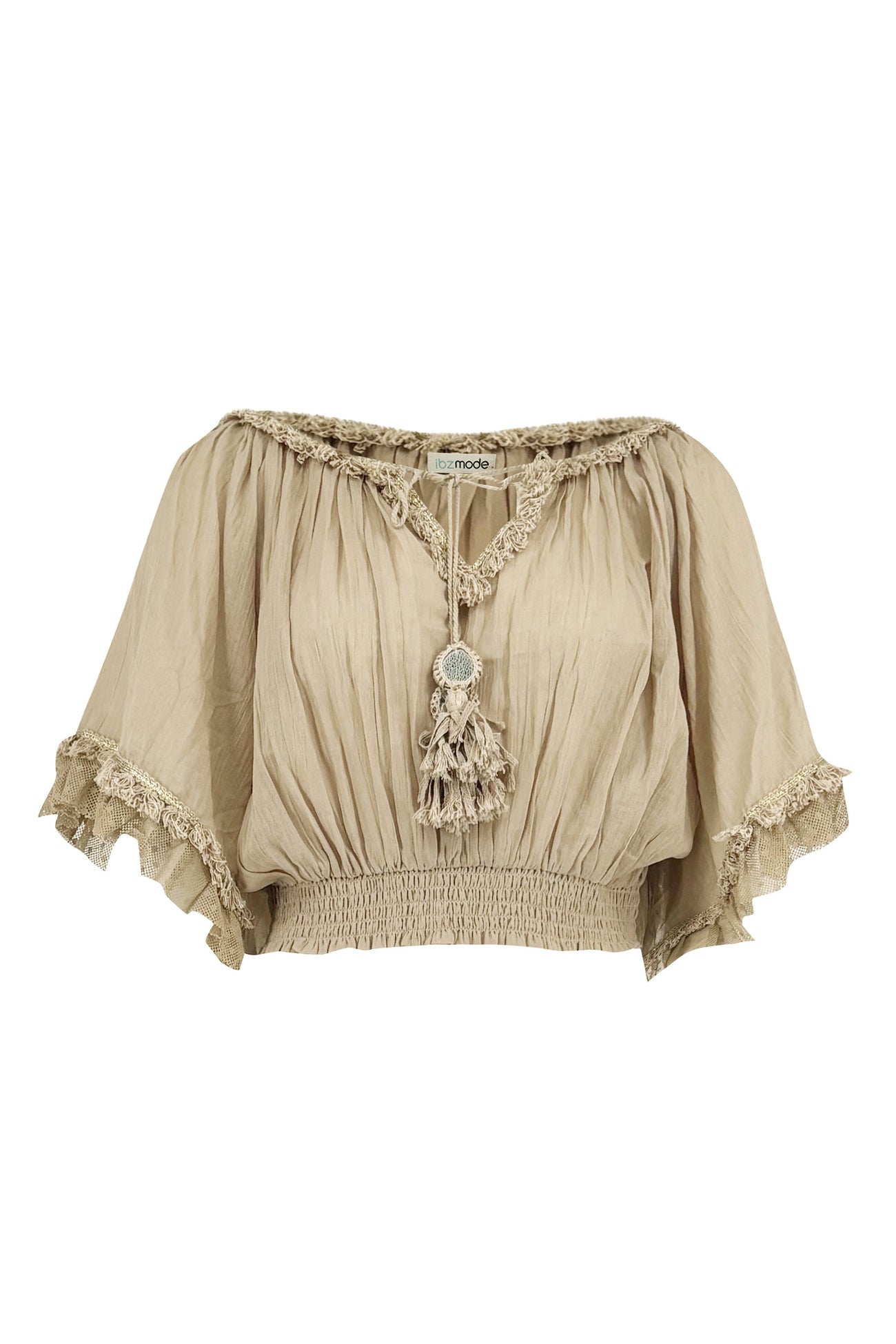 Ibizamode Bohemian Bloom beige Ana top with lace trim and tassel detail