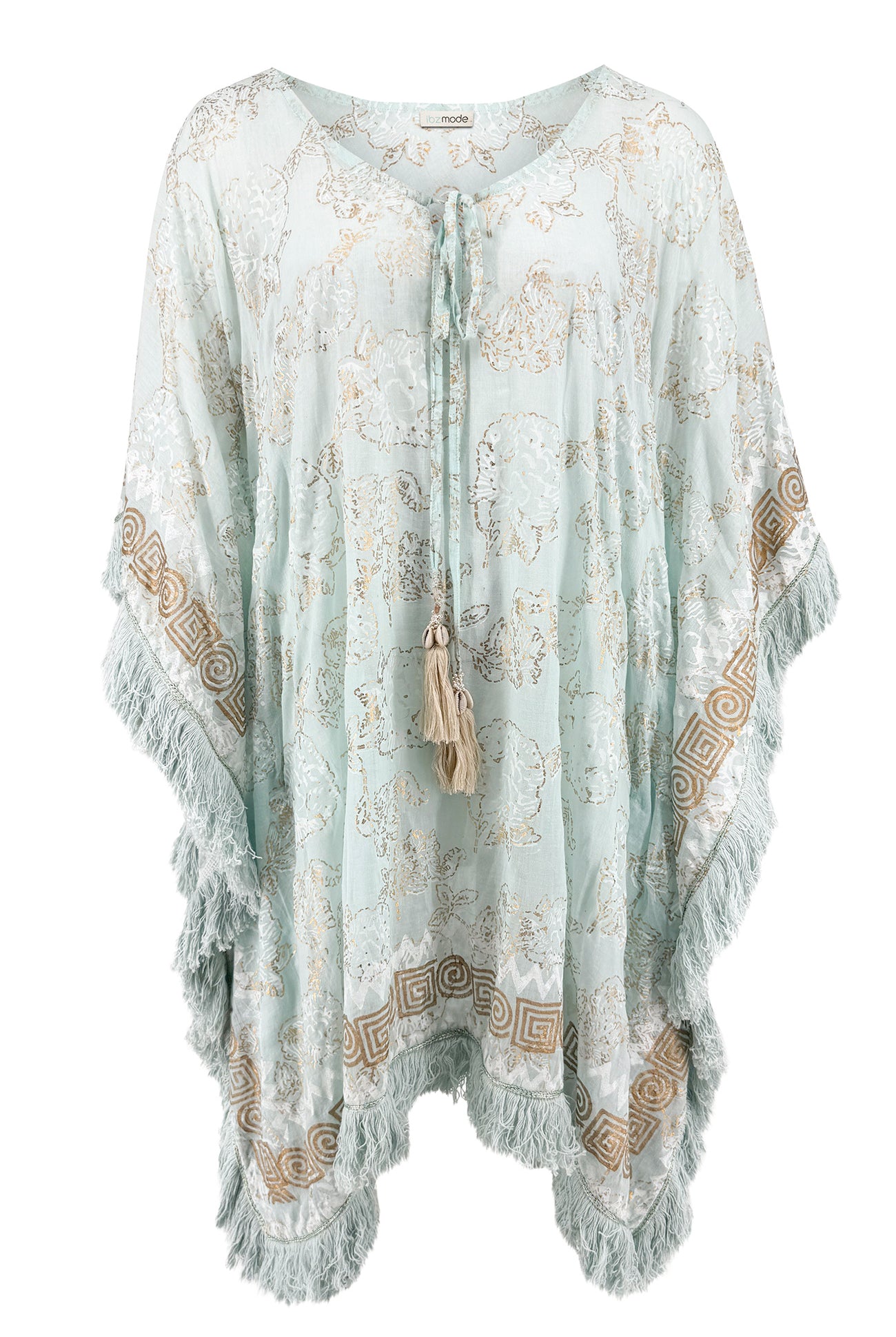 Ibzmode Short Kaftan Tavina Lumira Baby Blue with golden details and bohemian beachwear style