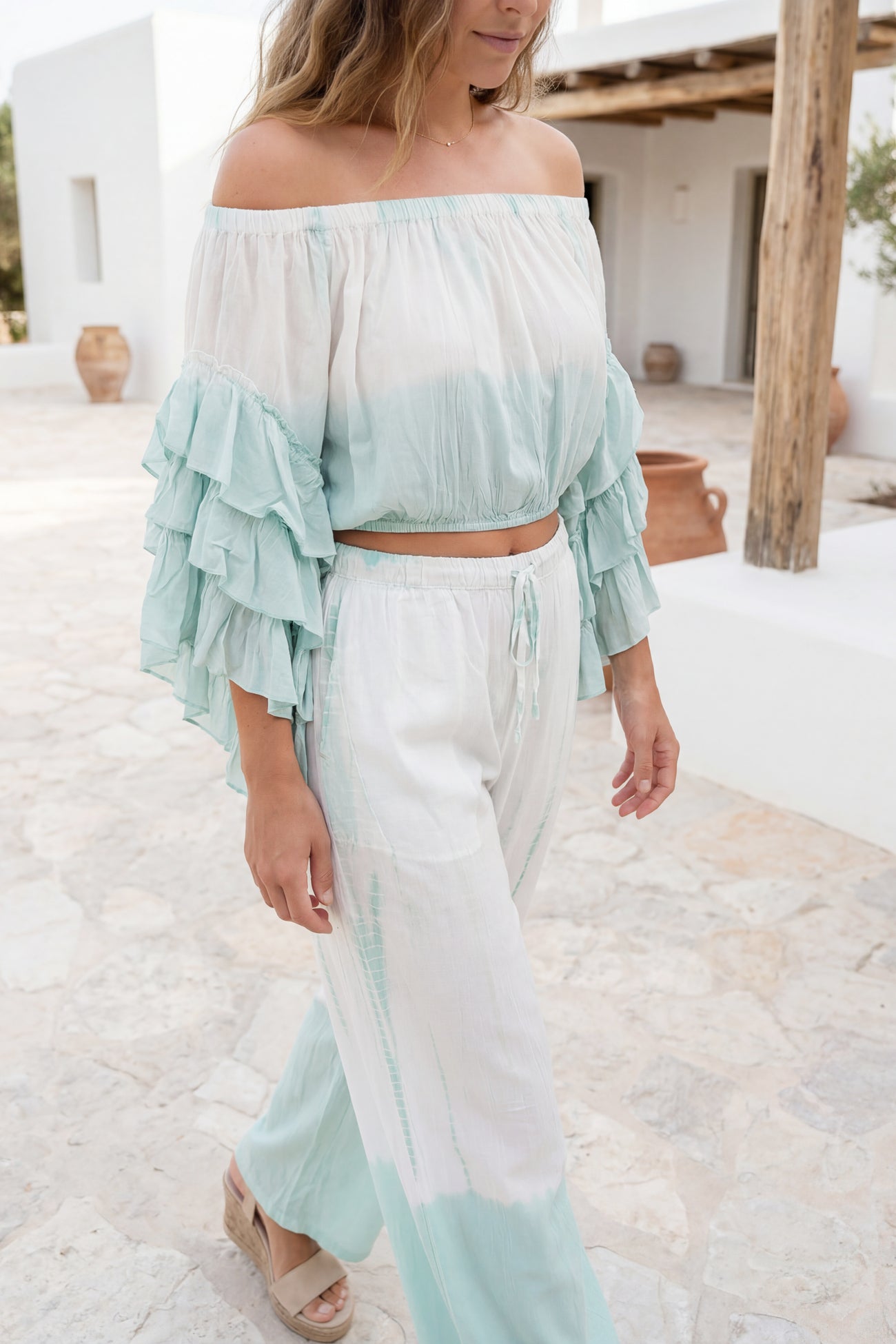Ibizamode Bohemian Blush mint tie dye viscose wide leg pants