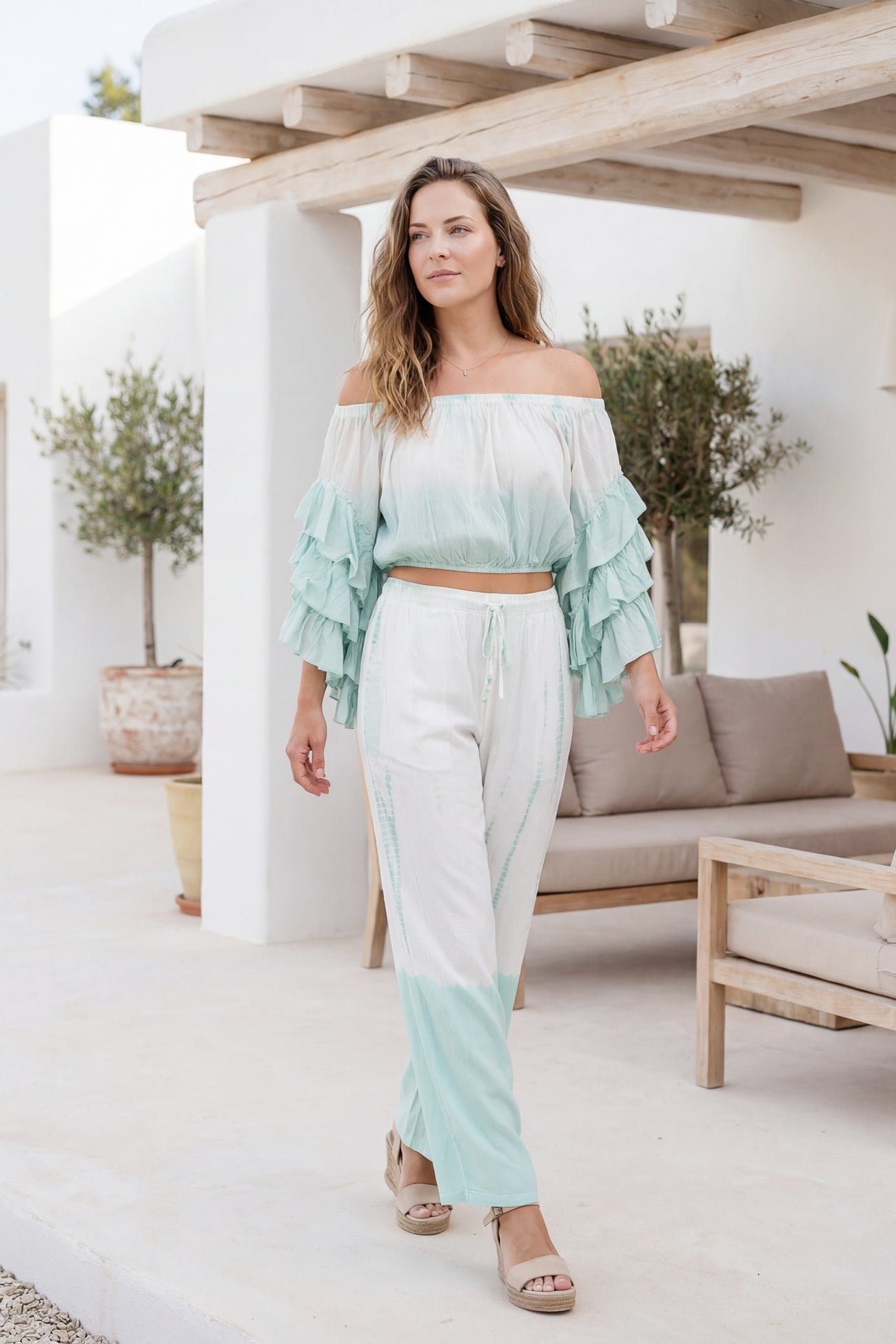Ibizamode Bohemian Blush mint tie dye viscose wide leg pants