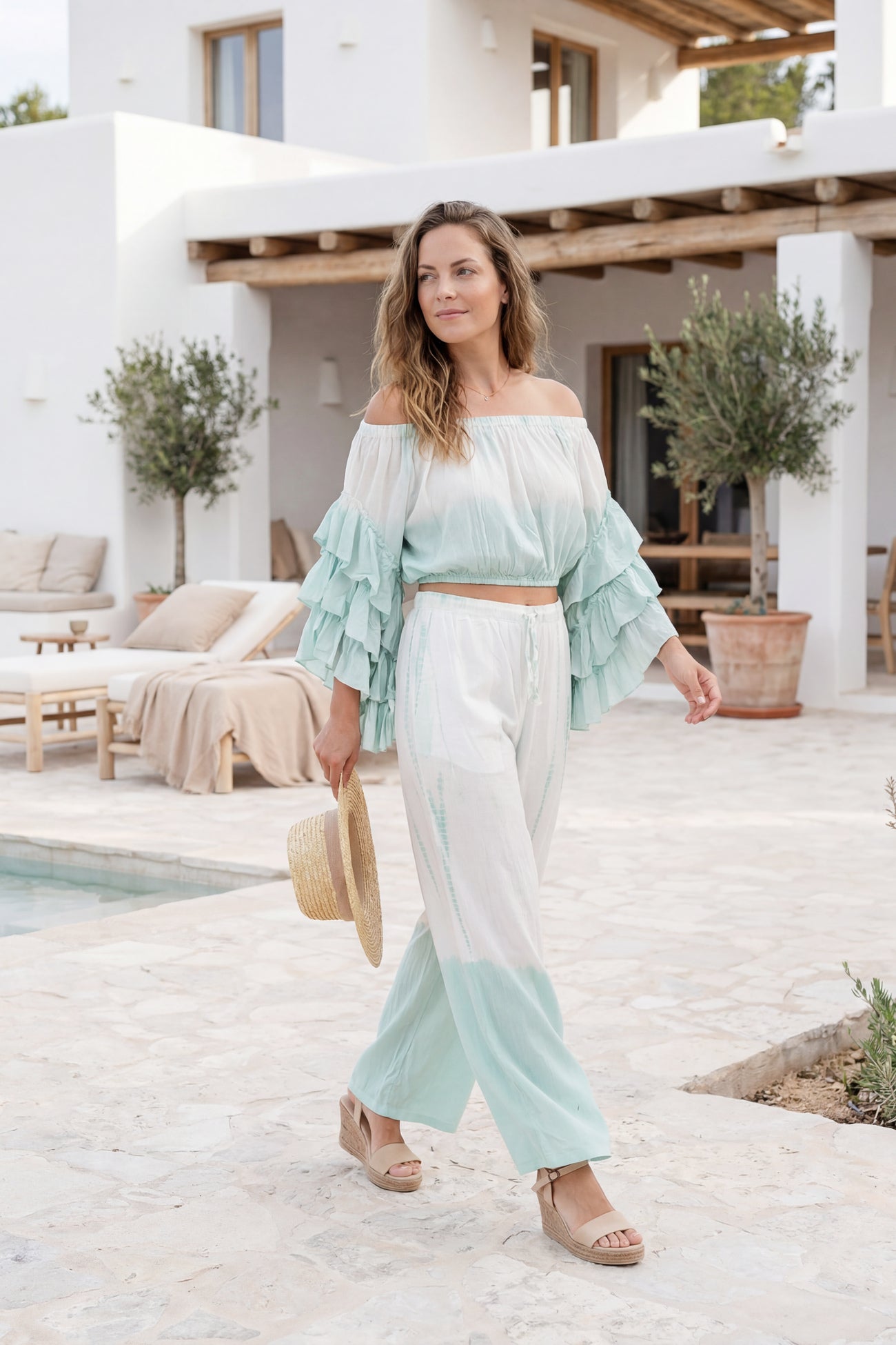 Ibizamode Bohemian Blush mint tie dye viscose wide leg pants