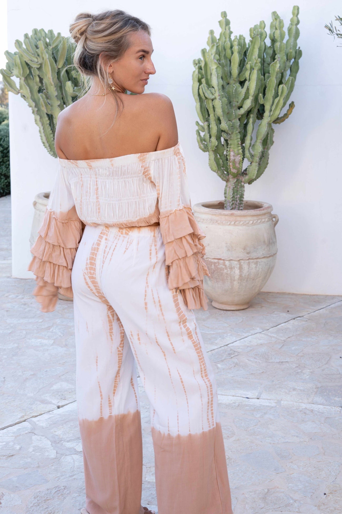 Ibizamode Bohemian Blush powder tie dye viscose wide leg pants