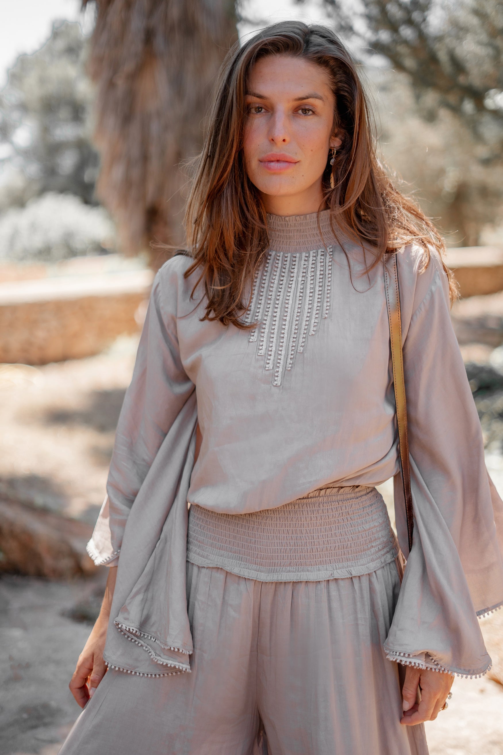 Bohemian top in light taupe van ibzmode, Brands of Ibiza