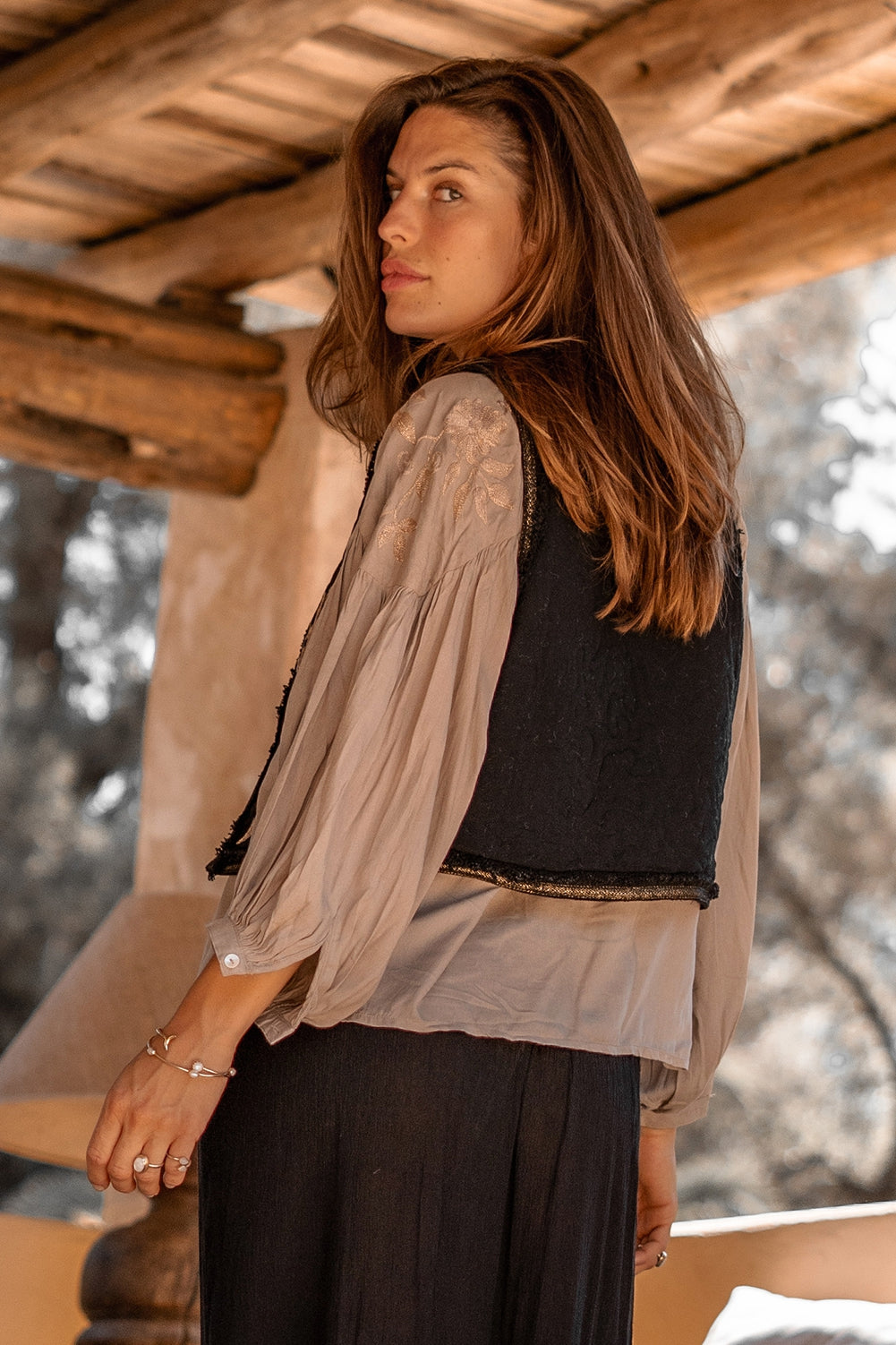 Bohemian blouse in light taupe van ibzmode, Brands of Ibiza