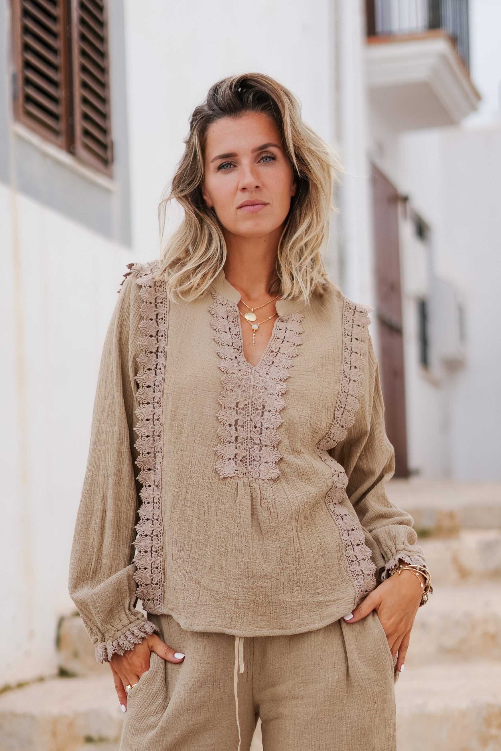 Bohemian blouse in taupe van ibzmode, Brands of Ibiza