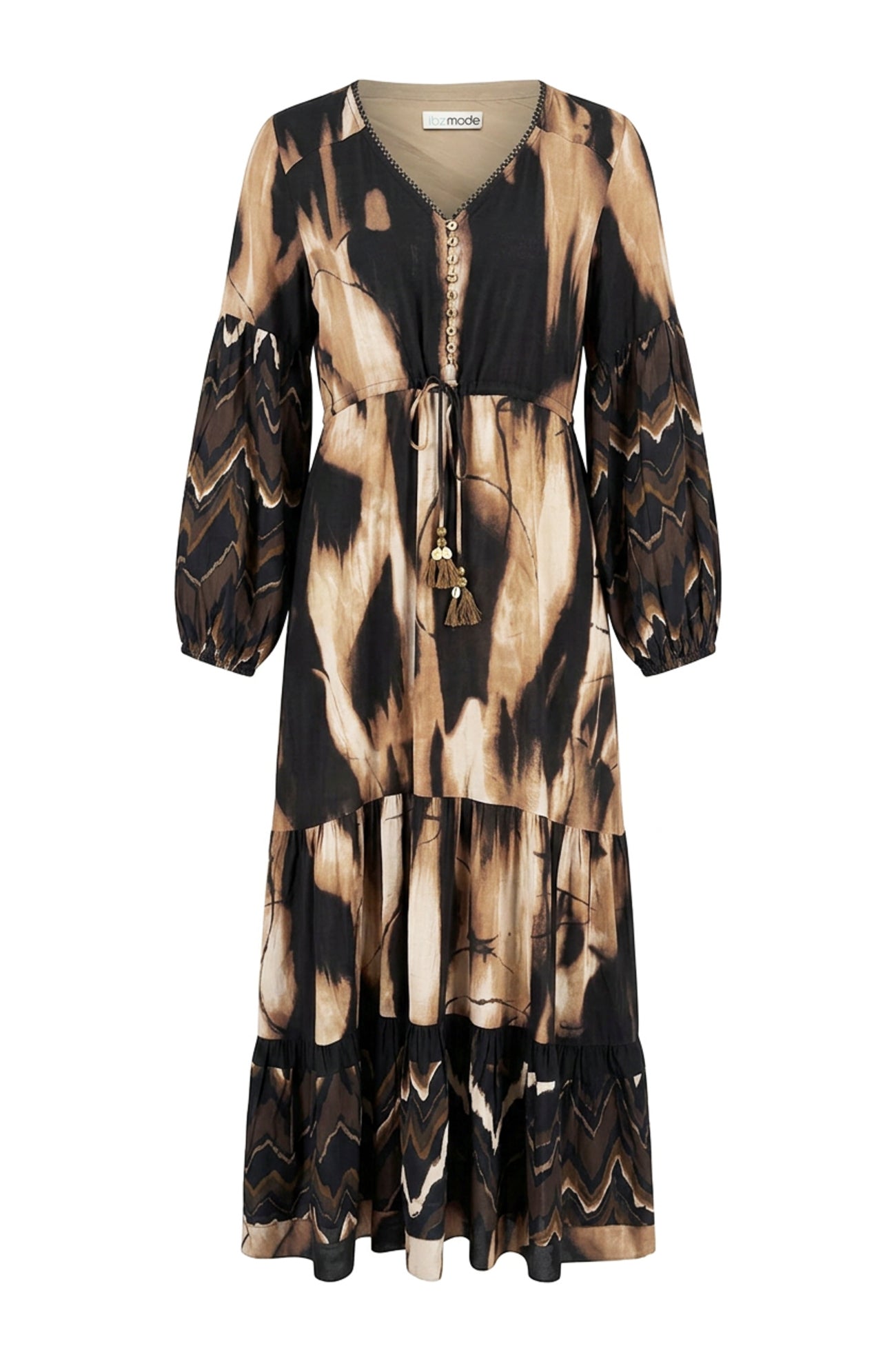 Ibzmode Dress Fenna Ecru long boho print dress with balloon sleeves and chevron border